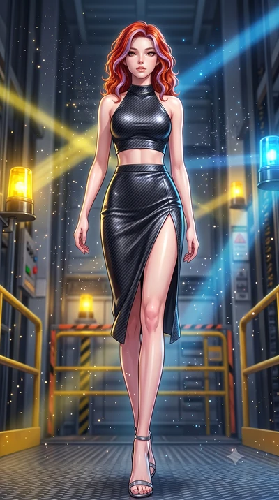 score_9, masterpiece, best quality, ultra-detailed, high-budget anime keyframe, editorial fashion photography, tasteful artistic composition, Caucasian woman. low angle full-body shot from head to toe showing her feet, filling the entire 9:16 vertica