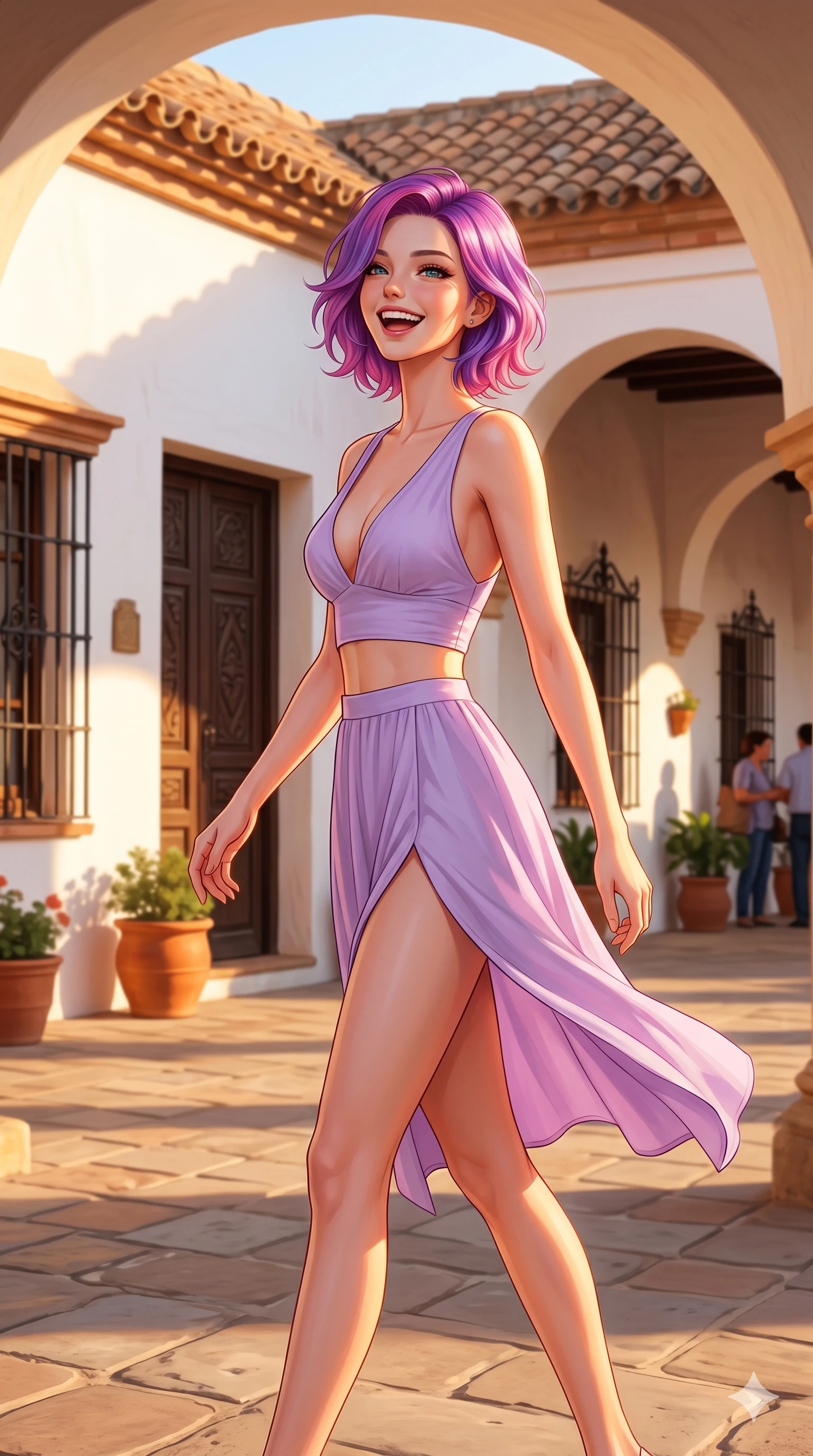 score_9, masterpiece, best quality, ultra-detailed, high-budget anime keyframe, editorial fashion photography, tasteful artistic composition, Caucasian woman, strictly human ears. cowboy shot from the thighs up, character and outfit filling the frame for maximum editorial presence. looking back over her shoulder with a happy, beaming grin, her eyes sparkling with joy walking through a sunny courtyard of a classic Spanish hacienda with white walls. She has an absolutely perfect 8-heads proportion, an exceptionally tall and slender female figure with impossibly long slender legs and an ultra-slim waist. V-shaped jawline, high-bridge nose, intricate jewel-like eyes with depth, thick eyelashes, glossy lips with a natural sheen. wearing a lightweight lavender crop top with a plunging V-neckline and matching split skirt. bathed in warm golden hour light pouring through the arched corridors, casting a warm glow. 2k, ultra detail, master piece, 9:16 ratio