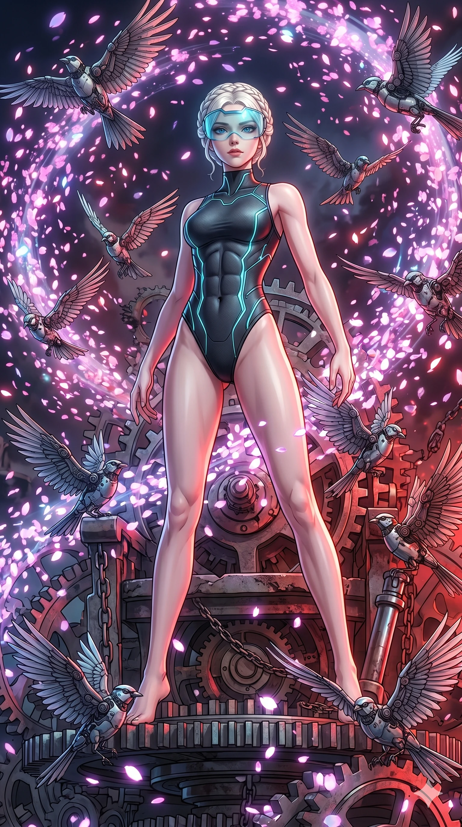 score_9, masterpiece, best quality, ultra-detailed, Set A: High-budget Anime Keyframe, Japanese woman. Low angle cowboy shot filling the entire 9:16 frame with her statuesque presence. Standing victoriously through a throne of gears, surrounded by a whirlwind of 92 mechanical birds and surrounded by digital sakura petals. She has an absolutely perfect 8-heads proportion, an exceptionally tall and slender female figure with impossibly long slender legs and an ultra-slim waist. Sharp v-shaped jawline, high-bridge nose, intricate jewel-like eyes with depth, thick eyelashes, glossy lips with a natural sheen. Wearing High-cut athletic leotard with glowing trim and a translucent visor accessory. Cinematic lighting, vibrant colors, dramatic shadows, 2k, ultra detail, master piece, 9:16 ratio