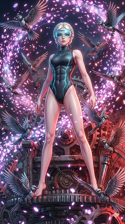 score_9, masterpiece, best quality, ultra-detailed, Set A: High-budget Anime Keyframe, Japanese woman. Low angle cowboy shot filling the entire 9:16 frame with her statuesque presence. Standing victoriously through a throne of gears, surrounded by a 