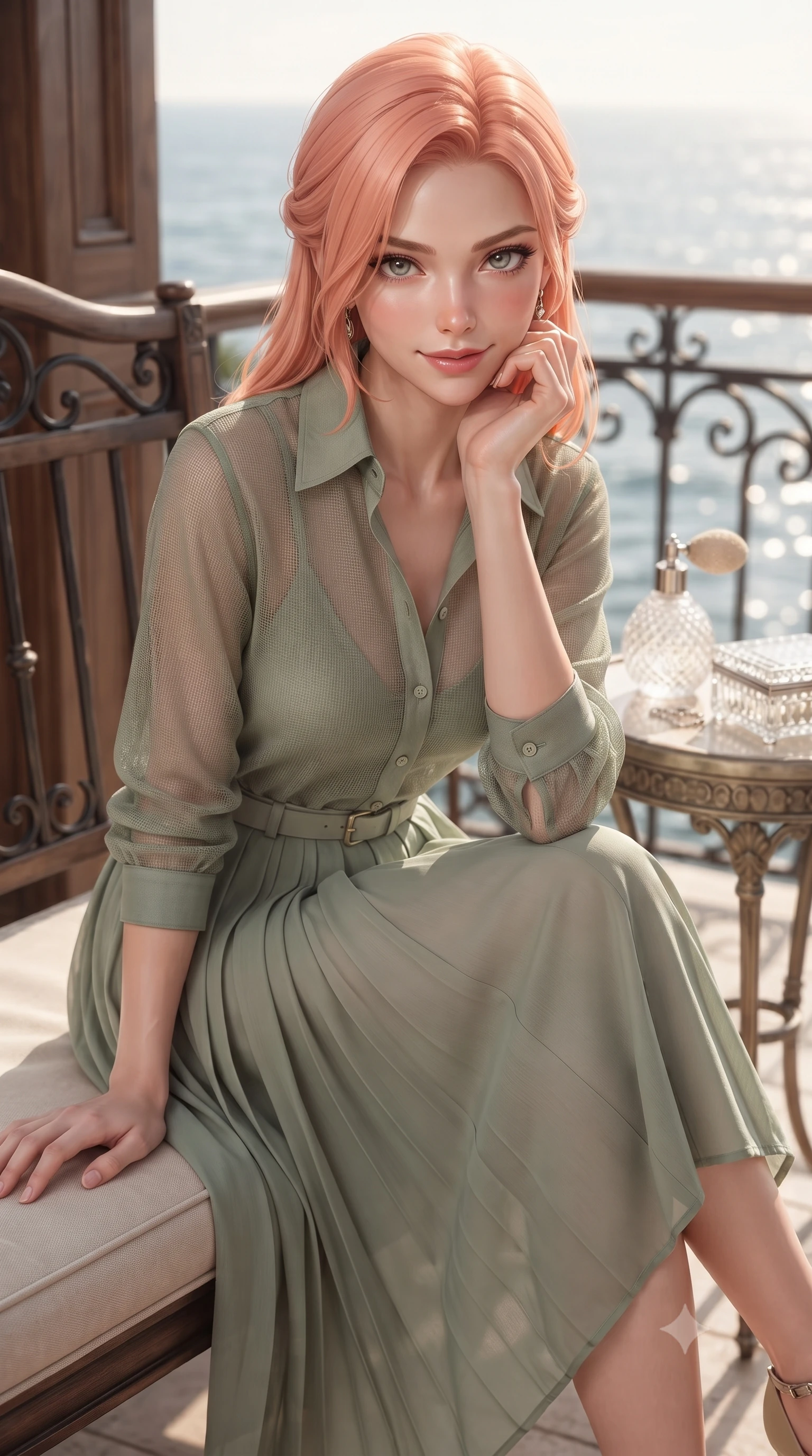 score_9, masterpiece, best quality, ultra-detailed, high-budget anime keyframe, editorial fashion photography, tasteful artistic composition, Japanese woman. close-up cowboy shot from the waist and thighs up, the character dominates the composition, filling the frame with her large presence, background elements kept in soft focus. flashing a sweet yet tantalizing grin, resting her chin on the back of her hand with intense eye contact set against a soft-focus background of inside an exclusive coastal veranda with a vintage perfume atomizer and crystal jewelry box reflecting soft light. She has an exceptionally elegant, slender, and willowy female figure with an ultra-slim waist, a gracefully sculpted slender torso, and a refined silhouette. sharp v-shaped jawline, high-bridge nose, intricate jewel-like eyes with depth, thick eyelashes, glossy lips with a natural sheen. wearing tailored sage green contouring mesh casual linen button-down shirt paired with a flowy pleated midi skirt featuring refined tailored seams. accented by a single dramatic key light highlighting her statuesque posture and slim waist. ultra-reflective glossy finish, specular highlights, metallic sheen, high-contrast stereoscopic depth, volumetric dynamic lighting, 2k, ultra detail, master piece, 9:16 ratio