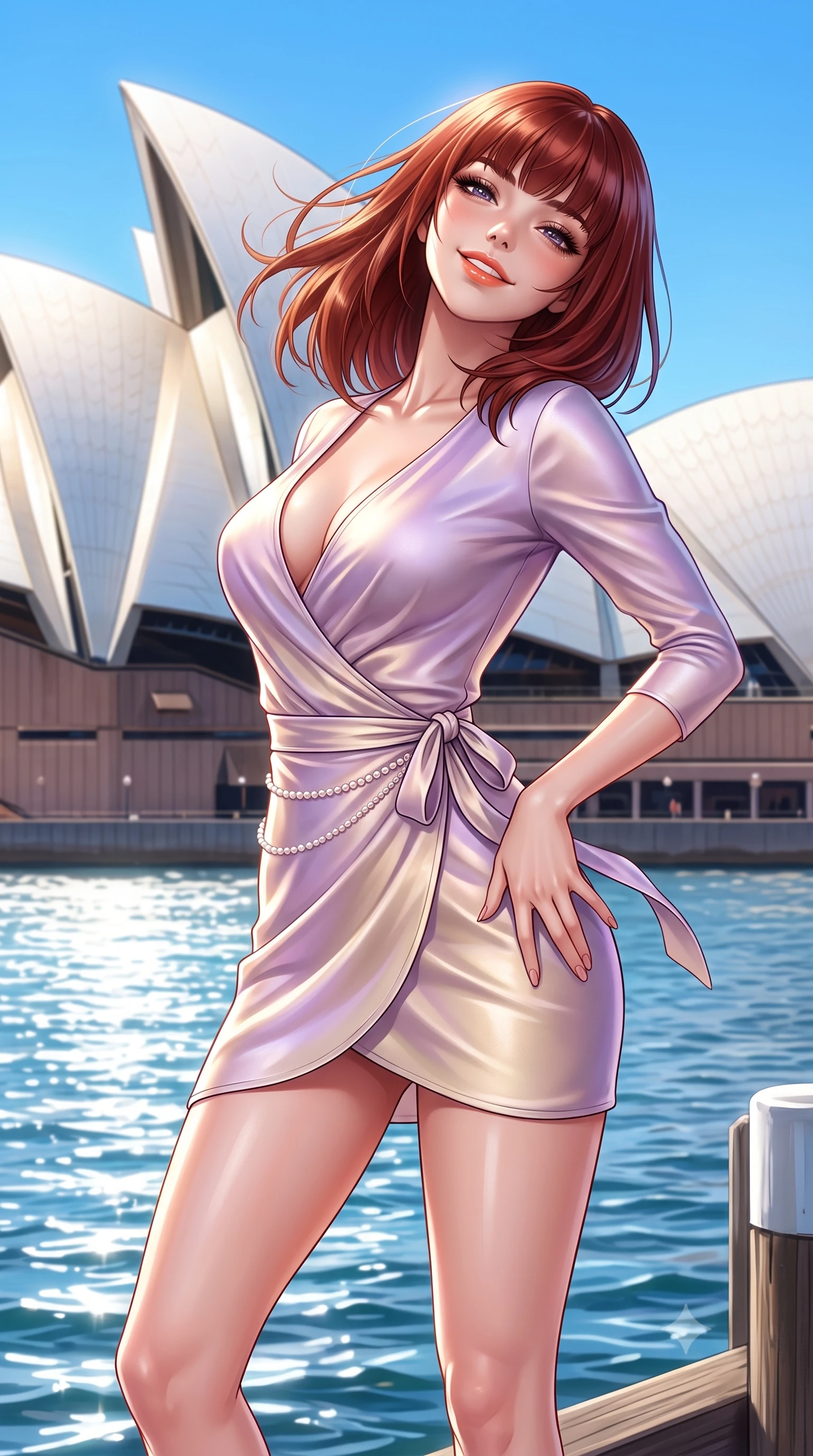 score_9, masterpiece, best quality, ultra-detailed, high-budget anime keyframe, semi-realistic 3D game render, editorial fashion photography, tasteful artistic composition, Caucasian woman. close-up cowboy shot from the waist and thighs up, the character dominates the composition, filling the frame with her large presence. tilting her head with a cute beaming smile while arching her spine with effortless dancer poise, one hand sliding along her hip line in a flirtatious S-curve while turning in an alluring dancer S-curve as harbour breezes whip her hair, the white sails of the Opera House gleaming behind her. The surrounding environment is rendered in vivid detail and crisp panoramic clarity. detailed sporty chic outfit weave, glistening sun highlights on skin, and Sydney harbour clarity in high resolution. She has an exceptionally elegant, slender, and willowy female figure with an ultra-slim waist, flat toned midriff, narrow ribcage, and sculpted feminine hips creating an alluring, slim hourglass silhouette without bulk. sharp v-shaped jawline, high-bridge nose, intricate jewel-like sparkling eyes with depth, thick eyelashes, glossy parted lips with a natural peach sheen, bright cheerful beaming smile with an enchanting and coquettish sensual glint, exuding both youthful cute charm and seductive allure, flawlessly proportioned anatomical accuracy, strict slender model proportions, natural body alignment, perfectly sculpted long slender limbs, ultra-slim waistline, clean dynamic posture without body distortion. wearing a breezy wrap mini dress with a deep V-neckline and tie-waist accentuating her sculpted flat midriff and hips in soft lilac and champagne shimmer, made of smooth fluid silk satin with a delicate pearlescent sheen, accented with a dainty pearl waist chain catching the ambient sunlight, the form-fitting cut adhering flawlessly to her sculpted flat midriff and slender torso, emphasizing her long leg lines and perfectly proportioned willowy build. illuminated by intense specular sea reflections sharply carving her razor-sharp jawline, narrow waist, and curvy hips. highly saturated vibrant anime colors, detailed shading with soft gradients, rich glossy textures, high-contrast stereoscopic depth, volumetric dynamic lighting, master piece, 9:16 ratio