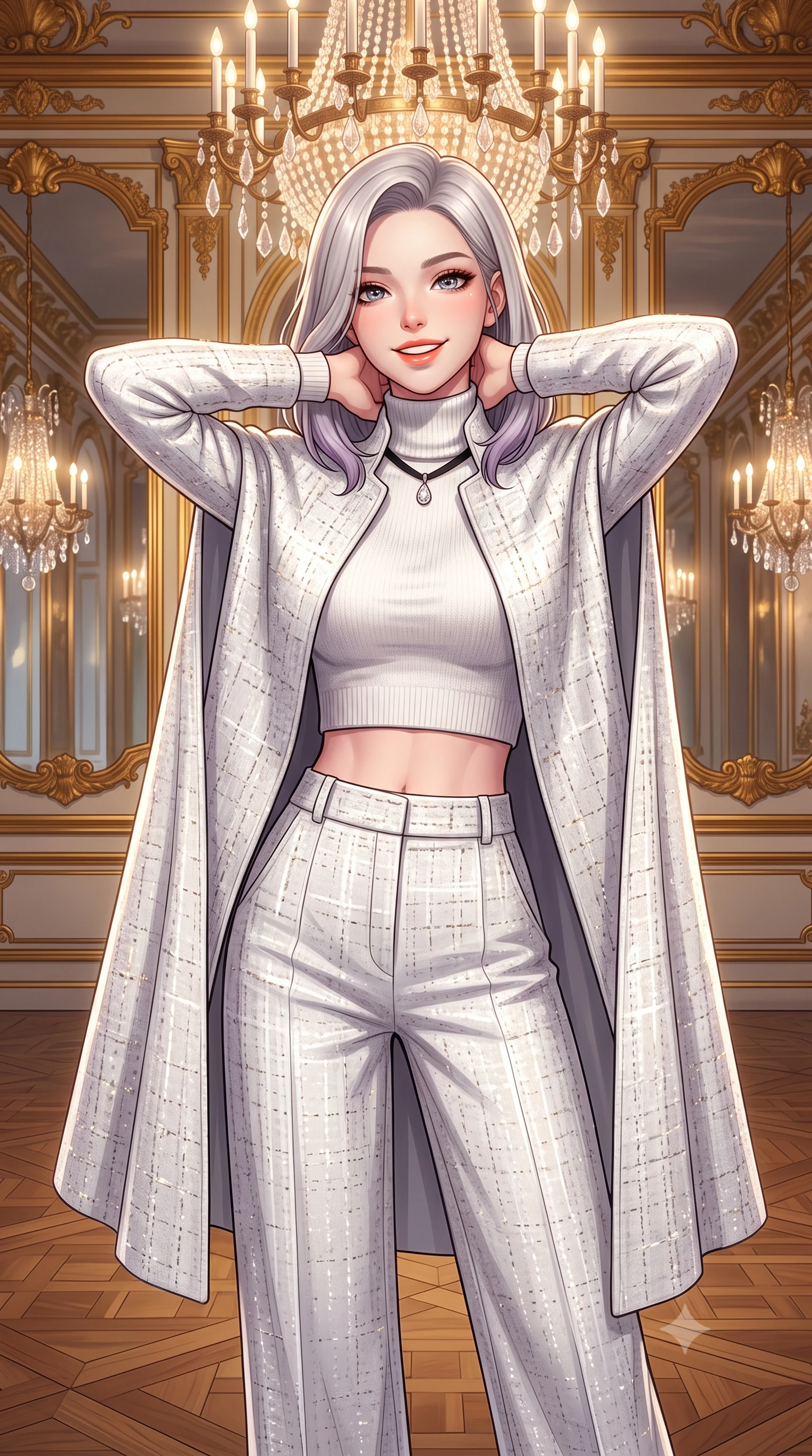score_9, masterpiece, best quality, ultra-detailed, high-budget anime keyframe, semi-realistic 3D game render, editorial fashion photography, tasteful artistic composition, Caucasian woman. close-up cowboy shot from the waist and thighs up, the character dominates the composition, filling the frame with her large presence. resting both hands lightly behind her neck with elbows raised, arching her spine to highlight her narrow waist, flat midriff, and breathtaking collarbones while standing centered in the monumental mirrored gallery, arching her spine with sovereign supermodel posture as crystal chandeliers reflect into infinity. The surrounding environment is rendered in vivid detail and crisp panoramic clarity: sharp hand-carved gilded acanthus leaf moldings, chevron oak parquet wood grain, and crystal prism drop facets in deep focus. She has an exceptionally elegant, slender, and willowy female figure with an ultra-slim waist, flat toned midriff, narrow ribcage, and sculpted feminine hips creating an alluring, slim hourglass silhouette without bulk. sharp v-shaped jawline, high-bridge nose, intricate jewel-like sparkling eyes with depth, thick eyelashes, glossy parted lips with a natural peach sheen, bright cheerful beaming smile with an enchanting and coquettish sensual glint, exuding both youthful cute charm and seductive allure, flawlessly proportioned anatomical accuracy, strict slender model proportions, natural body alignment, perfectly sculpted long slender limbs, ultra-slim waistline, clean dynamic posture without body distortion. wearing a bespoke high-neck cashmere knit cape coat paired with tailored wide-leg wool trousers in pure translucent crystal white and liquid platinum, woven from structured British tweed with subtle metallic flecks, finished with a thin velvet ribbon choker and a single teardrop diamond pendant, the bespoke structured tailoring following the natural line of her 8.5-heads silhouette with refined elegance. bathed in the sparkling multi-tiered illumination of antique Austrian crystal chandeliers dimmed to an evening glow. highly saturated vibrant anime colors, detailed shading with soft gradients, rich glossy textures, high-contrast stereoscopic depth, volumetric dynamic lighting, master piece, 9:16 ratio