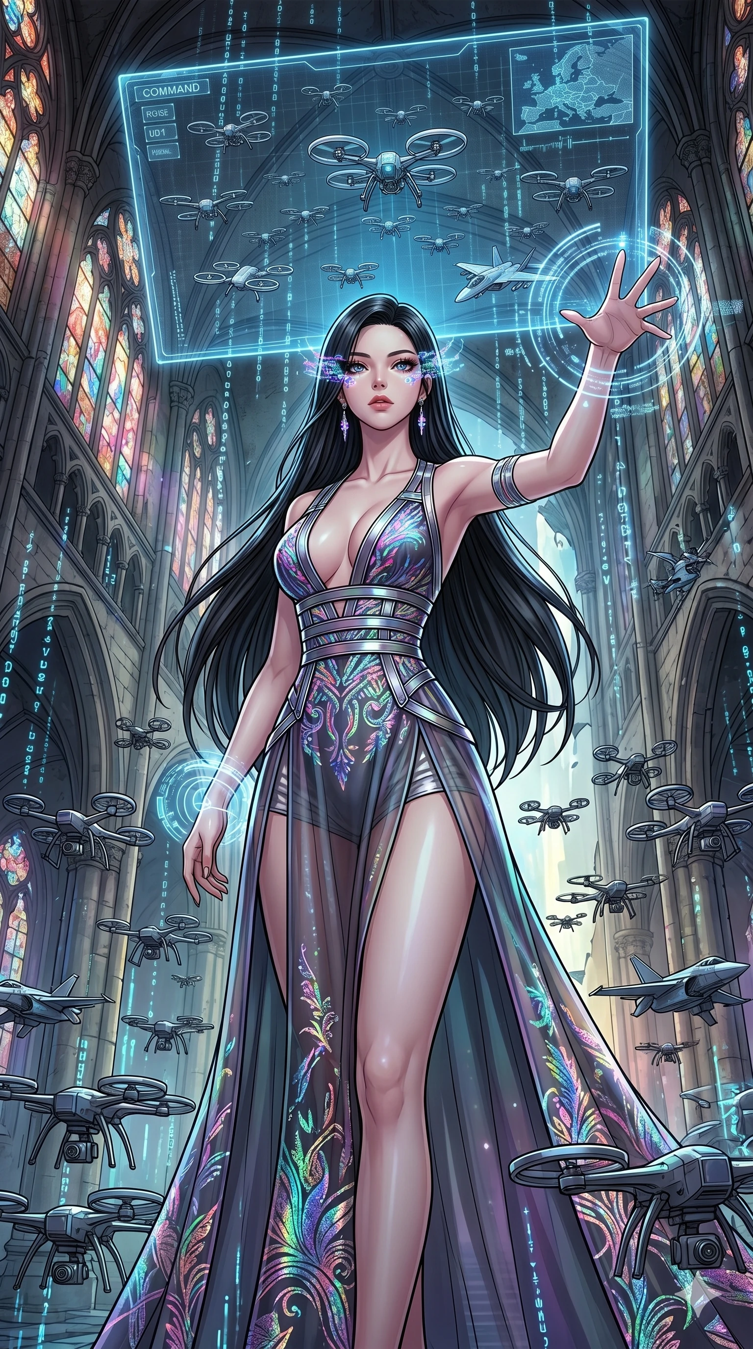 score_9, masterpiece, best quality, ultra-detailed, high-budget anime movie keyframe, cinematic anime lighting, intricate line art, Japanese woman. Low angle cowboy shot filling the entire 9:16 frame with her statuesque presence. commanding a drone swarm in a shattered stained glass cathedral with holographic rain. She has an absolutely perfect 8-heads proportion, an exceptionally tall and slender female figure with an ultra-slim waist and impossibly long slender legs. sharp v-shaped jawline, high-bridge nose, intricate jewel-like eyes, thick eyelashes, glossy lips. Wearing modernized deep-plunging silk hanbok-fusion with metallic straps, a high-slit sheer skirt over micro-shorts, and holographic embroidered patterns. The scene is illuminated by dramatic atmospheric lighting and vibrant color palettes. , 2k, ultra detail, master piece, 9:16 ratio