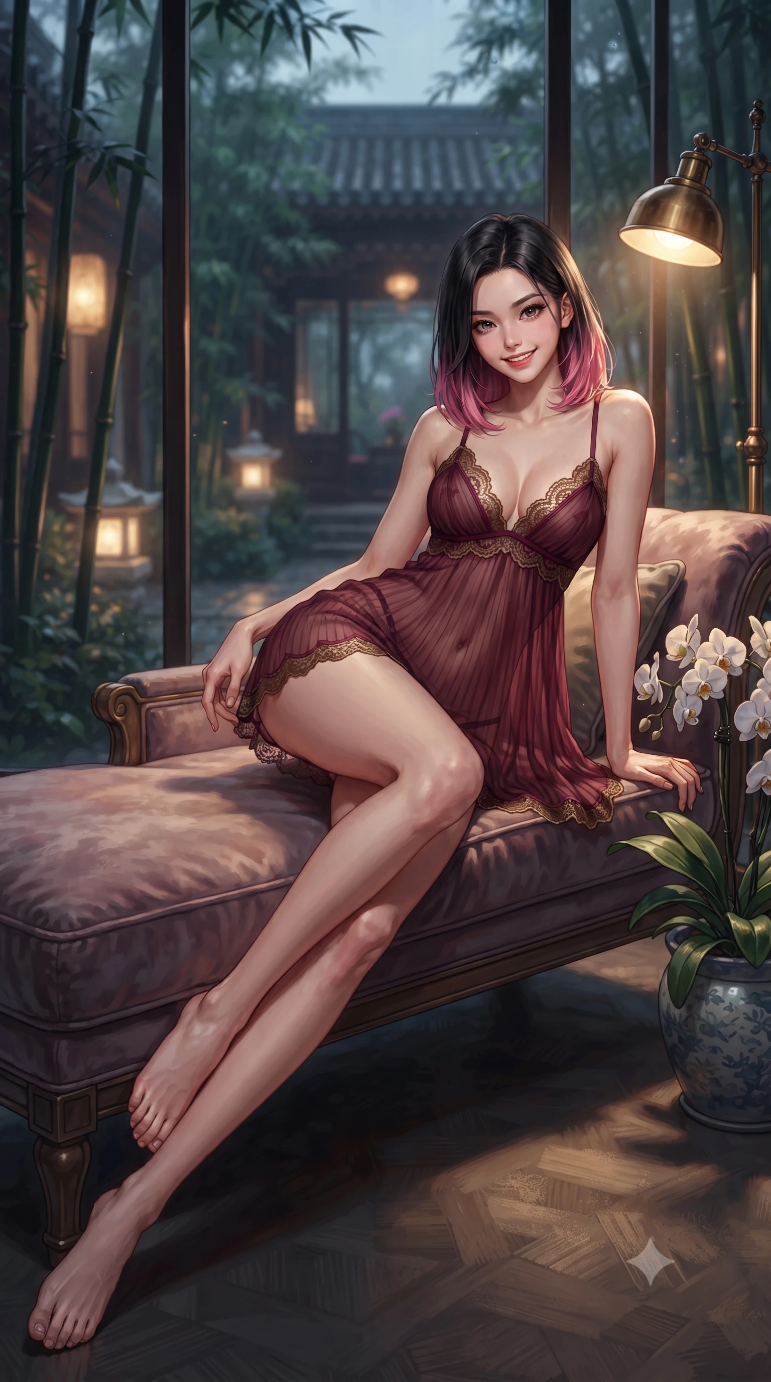 score_9, masterpiece, best quality, ultra-detailed, high-budget anime keyframe, editorial fashion photography, tasteful artistic composition, Korean woman. low angle full-body shot from head to toe showing her feet, filling the entire 9:16 vertical frame with her statuesque presence, stretching her vertical silhouette. reclining gracefully across the plush chaise lounge with one leg extended, her sculpted silhouette and flat midriff radiating magnetic nocturnal glamour while twisting her slender torso in an alluring S-curve beside the lush potted orchids, soft floor lamp glows tracing her narrow waist and hips. The background shows a soft-focus swaying black bamboo culms outside glass walls, glowing stone courtyard lanterns, and vintage Shanghai French villa rooflines blurred into jade, topaz, and indigo bokeh. She has an exceptionally tall and slender model-like 8.5-heads proportion, an ultra-slim waist, a flat toned midriff, narrow delicate ribcage, and beautifully sculpted feminine hips creating a graceful, slim hourglass silhouette without any bulky heaviness, with impossibly long slender legs. sharp v-shaped jawline, high-bridge nose, intricate jewel-like sparkling eyes with depth, thick eyelashes, glossy parted lips with a natural peach sheen, bright cheerful beaming smile with an enchanting and coquettish sensual glint, exuding both youthful cute charm and seductive allure, flawlessly proportioned anatomical accuracy, strict slender model proportions, natural body alignment, perfectly sculpted long slender limbs, ultra-slim waistline, clean dynamic posture without body distortion. wearing a form-contouring sheer pleated georgette baby-doll slip with plunging sweetheart neckline and scalloped lace trim in French boudoir bordeaux wine and antique brass, made of sheer gossamer chiffon that drapes softly against skin with airy translucence, finished with scalloped eyelash lace trim framing her sweetheart neckline with intimate elegance, the precision-cut side openings and low-back scoop framing her graceful spine and the sensual sweep of her slim, toned hips. bathed in the moody warm 2300K glow of antique brass reading lamps mixed with silver moonlight through glass. ultra-reflective glossy finish, specular highlights, rich textural contrasts, high-contrast stereoscopic depth, volumetric dynamic lighting, 2k, ultra detail, master piece, 9:16 ratio