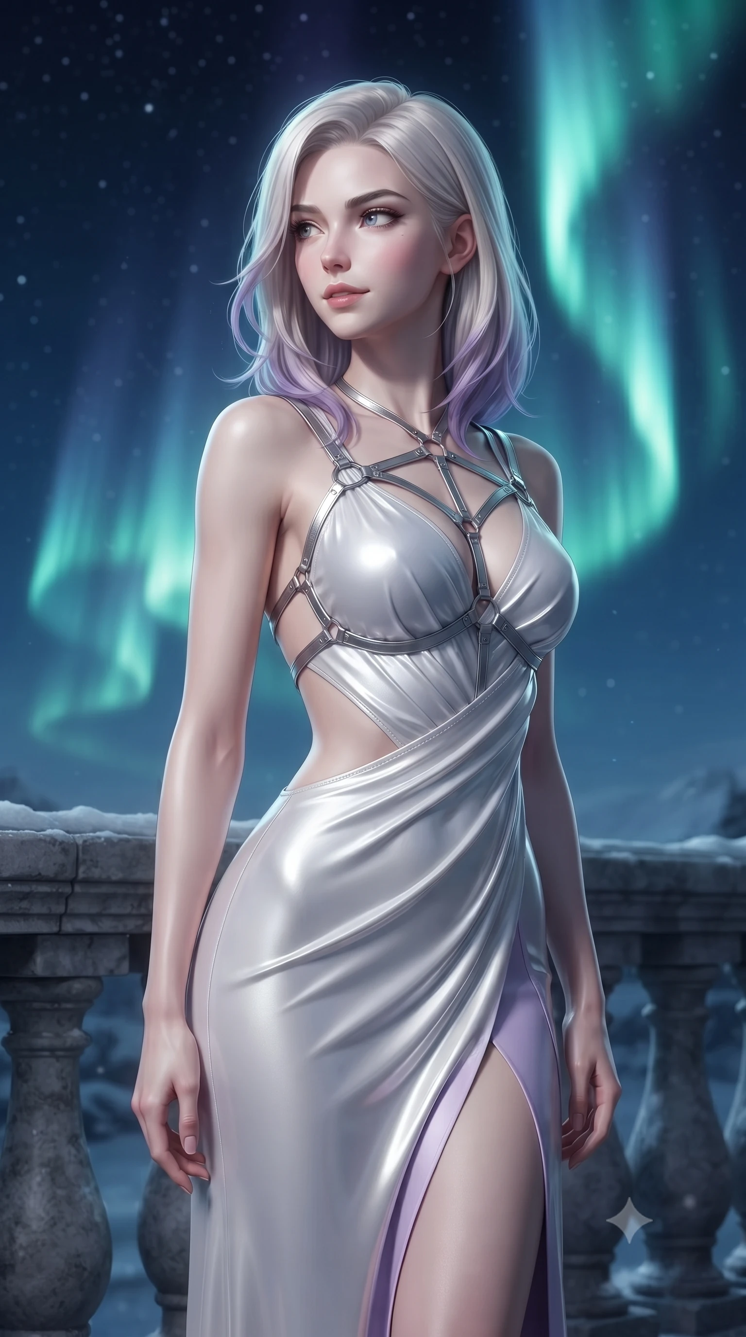 score_9, masterpiece, best quality, ultra-detailed, high-budget anime keyframe, editorial fashion photography, tasteful artistic composition, Caucasian woman. close-up cowboy shot from the waist and thighs up, the character dominates the composition, filling the frame with her large presence, background elements kept in soft focus. Glancing sidelong over her shoulder with a smoldering half-smile, resting against a stone balustrade looking up at a curtains of polar light, statuesque presence stretching her vertical 9:16 framing. She has an exceptionally elegant, slender, and willowy female figure with an ultra-slim waist, a gracefully sculpted slender torso, and a refined silhouette. sharp v-shaped jawline, high-bridge nose, intricate jewel-like eyes with depth, thick eyelashes, glossy lips with a natural sheen. wearing draped white silk gown featuring graceful waist cutouts and thigh slit in pastel lavender violet, made of high-gloss liquid pearl vinyl, highlighted by a platinum metallic harness structure, the fitted fabric emphasizing her ultra-slim waist. lit by intense polar key light piercing through crisp night air. ultra-reflective glossy finish, specular highlights, metallic sheen, high-contrast stereoscopic depth, volumetric dynamic lighting, 2k, ultra detail, master piece, 9:16 ratio
