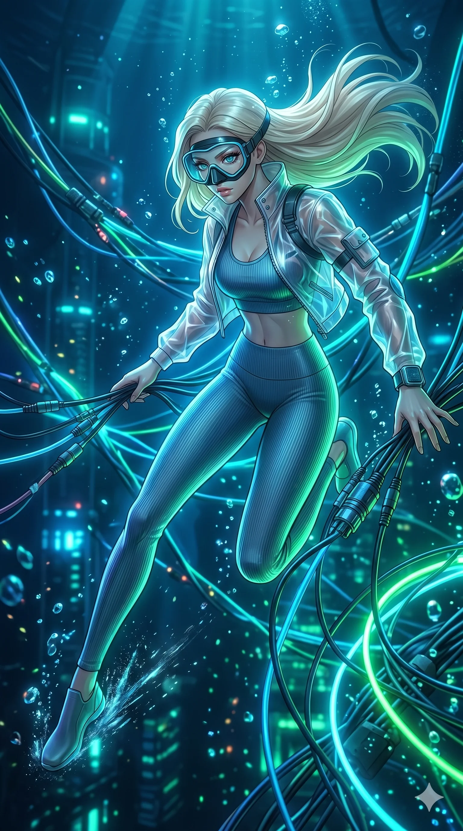 score_9, masterpiece, best quality, ultra-detailed, semi-realistic 3D game render, high-fidelity textures, Unreal Engine 5 style, Korean woman. Dynamic full-body shot stretching the vertical silhouette with extreme perspective. interfacing with a network of underwater cables in a diving suit. She has an absolutely perfect 8-heads proportion, an exceptionally tall and slender female figure with an ultra-slim waist and impossibly long slender legs. strictly human anatomy, two legs only, no extra limbs, clearly defined legs and arms, perfect anatomy, perfect hands and fingers. sharp v-shaped jawline, high-bridge nose, intricate jewel-like eyes, thick eyelashes, glossy lips. Wearing Premium Athleisure: Ribbed sports bra and leggings set, sheer windbreaker, and sleek high-performance activewear. The scene is illuminated by dramatic atmospheric lighting and vibrant color palettes. , 2k, ultra detail, master piece, 9:16 ratio