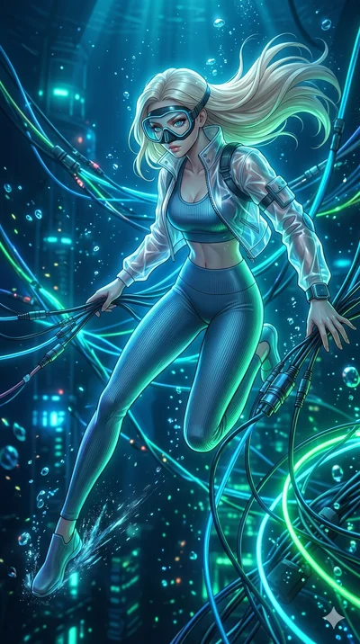 score_9, masterpiece, best quality, ultra-detailed, semi-realistic 3D game render, high-fidelity textures, Unreal Engine 5 style, Korean woman. Dynamic full-body shot stretching the vertical silhouette with extreme perspective. interfacing with a net