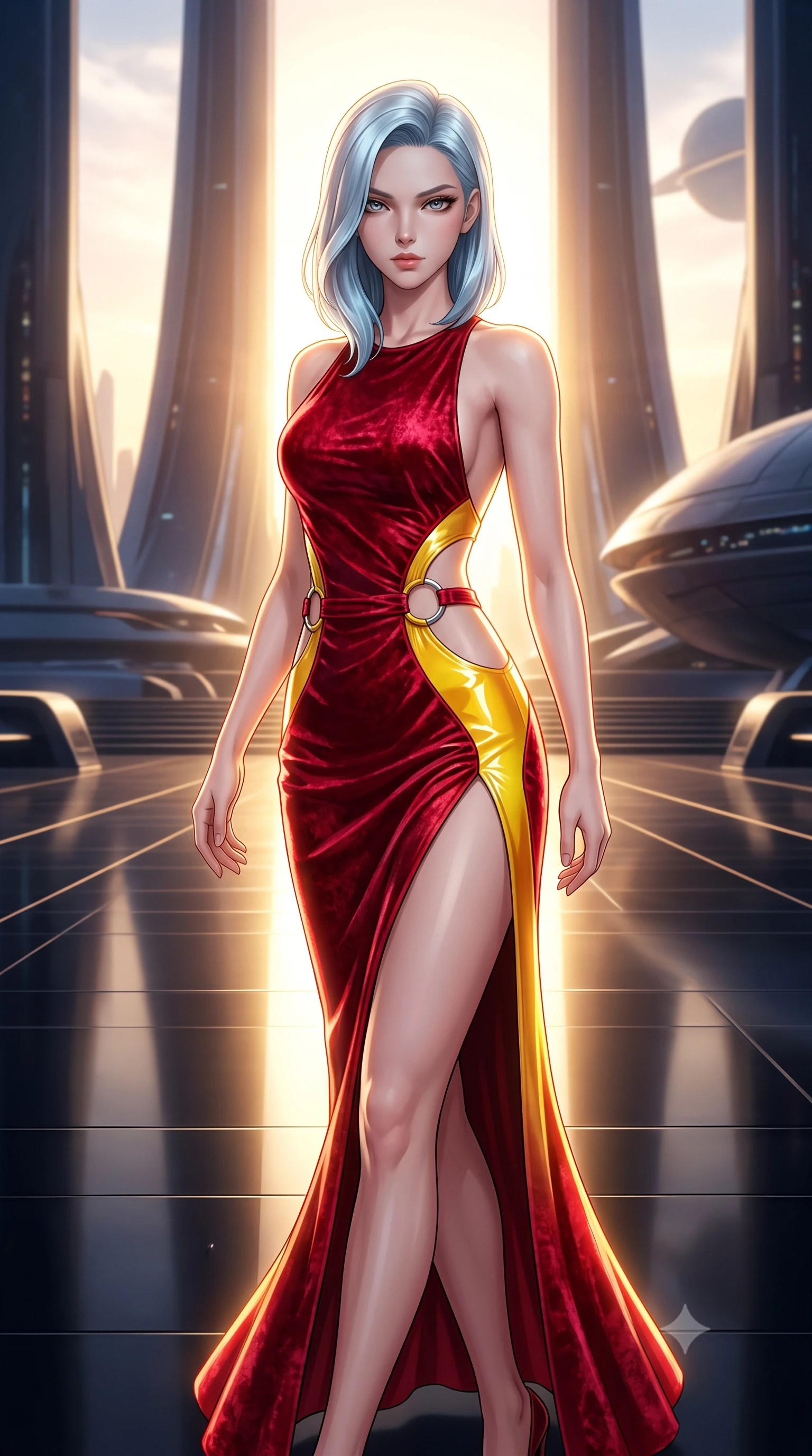 score_9, masterpiece, best quality, ultra-detailed, high-budget anime keyframe, semi-realistic 3D game render, editorial fashion photography, tasteful artistic composition, Korean woman. close-up cowboy shot from the waist and thighs up, the character dominates the composition, filling the frame with her large presence. gazing directly into the lens with bedroom eyes and a breathtaking, dangerous allure that commands the entire composition while pivoting dynamically on a polished obsidian plaza as the glowing solar corona casts dramatic golden rim light across her torso. The surrounding environment is rendered in vivid detail and crisp panoramic clarity. dramatic chiaroscuro lighting and monumental cosmic architecture rendered in panoramic precision. She has an exceptionally elegant, slender, and willowy female figure with an ultra-slim waist, a gracefully sculpted slender torso, toned flat midriff, and a refined slim silhouette. sharp v-shaped jawline, high-bridge nose, intricate jewel-like eyes with depth, thick eyelashes, glossy lips with a natural sheen, flawlessly proportioned anatomical accuracy, strict slender model proportions, natural body alignment, perfectly sculpted long slender limbs, ultra-slim waistline, clean dynamic posture without body distortion. wearing a backless crimson crushed velvet gown with a deep plunging V-neckline, strategic hip cutouts, and an ultra-high thigh slit in vibrant sunburst canary yellow and gold trim, formed from high-gloss patent material with specular light reflections, detailed with polished silver rings connecting the daring side-waist cutouts, the precision-cut daring openings accentuating her delicate midriff, graceful bare collarbones, and ultra-slim feminine waistline. bathed in blazing golden-white solar corona backlighting with deep obsidian shadow contrast. highly saturated vibrant anime colors, detailed shading with soft gradients, rich glossy textures, high-contrast stereoscopic depth, volumetric dynamic lighting, master piece, 9:16 ratio