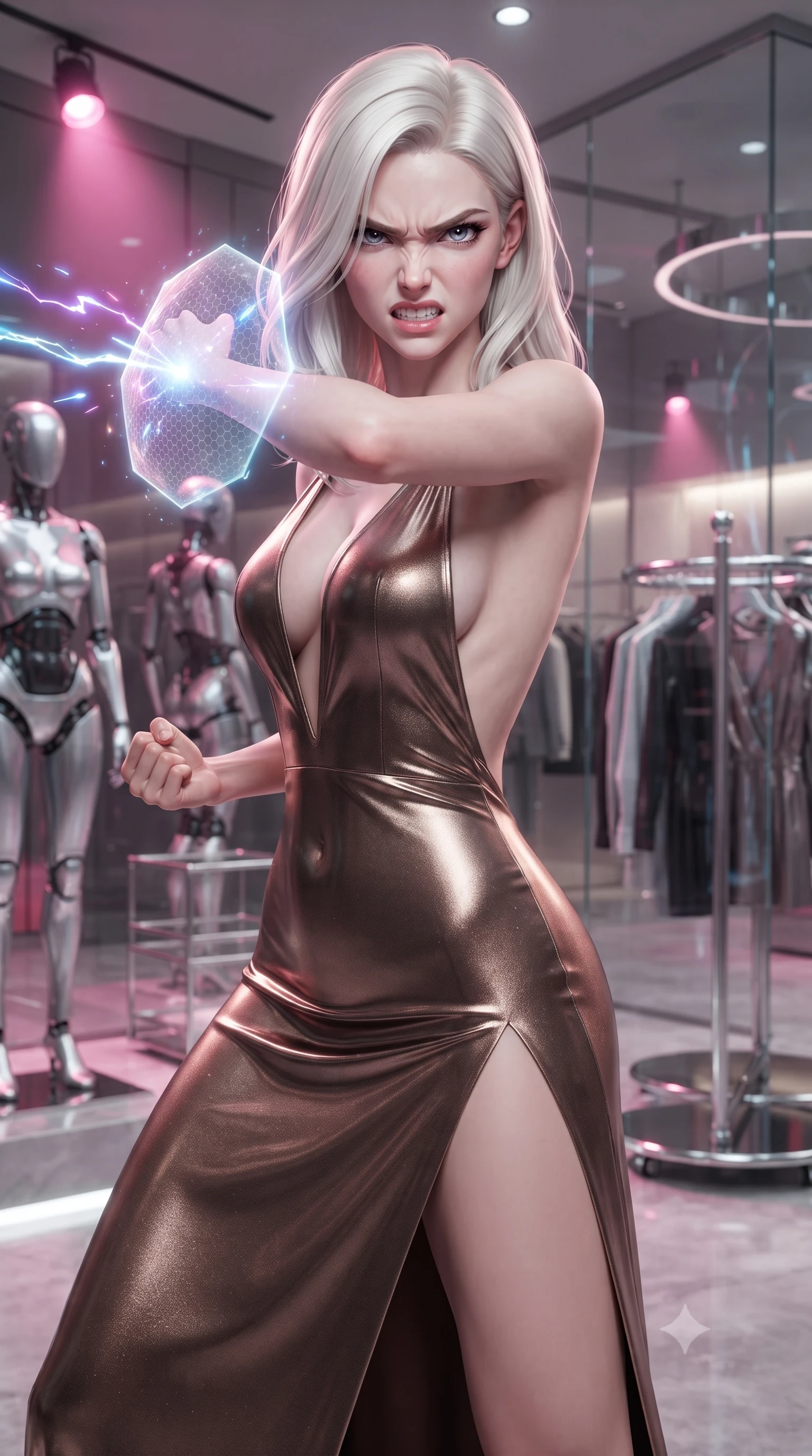 score_9, masterpiece, best quality, ultra-detailed, high-budget anime keyframe, editorial fashion photography, tasteful artistic composition, realistic cosplay photography, Caucasian woman, strictly human ears. close-up cowboy shot from the waist and thighs up, the character dominates the composition, filling the frame with her large presence, background elements kept in soft focus. Deflecting incoming plasma bolts with a glowing energy shield attached to her forearm, teeth grit in determination. set against a soft-focus background of a luxury fashion store with robotic mannequins and rotating clothing racks made of chrome and glass. She has an exceptionally elegant and slender, willowy female figure with an ultra-slim waist, a gracefully sculpted slender torso, and a refined slim physique. sharp v-shaped jawline, high-bridge nose, intricate jewel-like eyes with depth, thick eyelashes, glossy lips with a natural sheen. wearing catching and diffusing the glowing particles, shimmering softly in response to the surrounding light, a form-contouring deep plunging-V neck evening gown in metallic bronze, featuring a high side slit ascending to mid-thigh and a completely open back. saturated pink spotlighting and metallic reflections bouncing off glass walls. ultra-reflective glossy finish, specular highlights, metallic sheen, high-contrast stereoscopic depth, volumetric dynamic lighting, 2k, ultra detail, master piece, 9:16 ratio