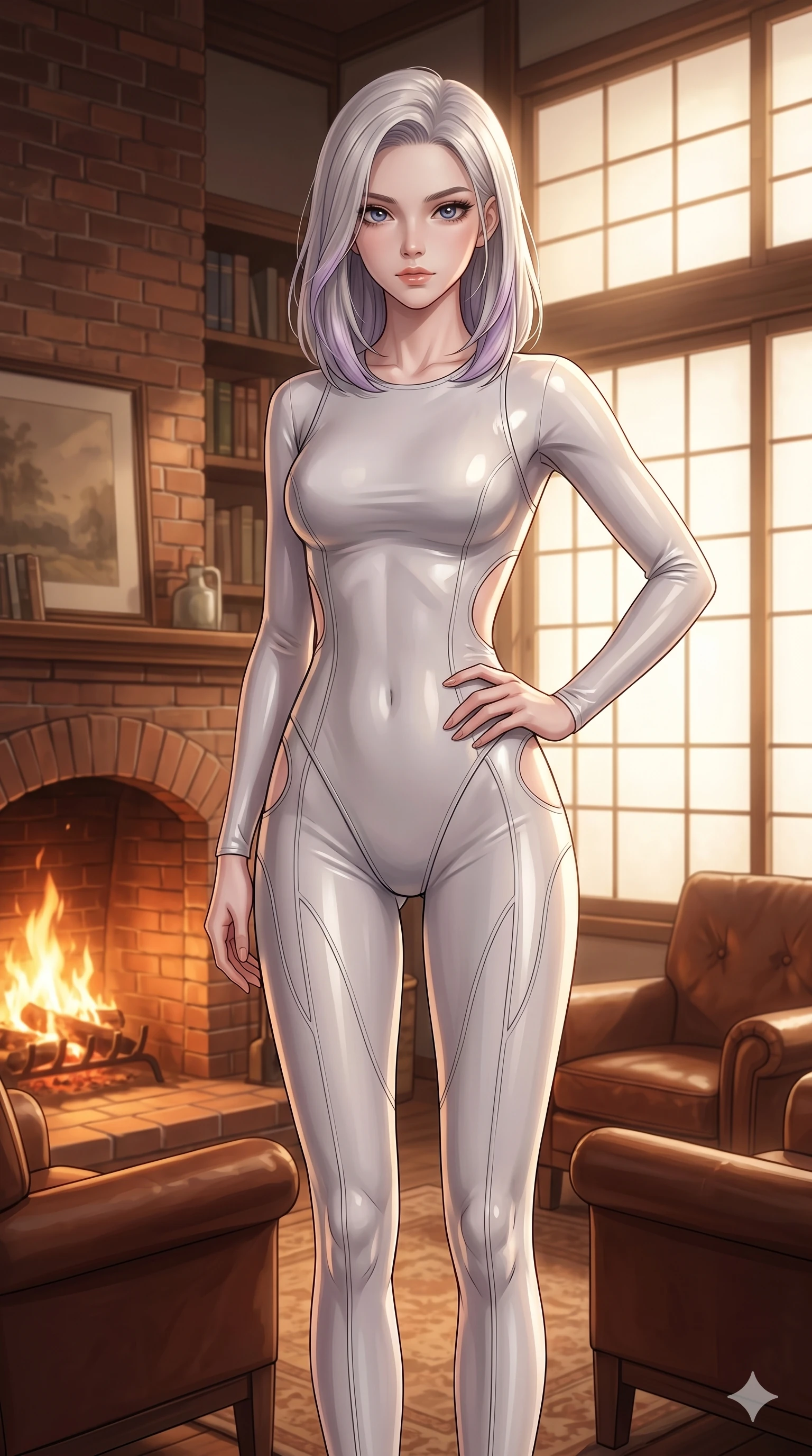 score_9, masterpiece, best quality, ultra-detailed, high-budget anime keyframe, editorial fashion photography, tasteful artistic composition, Caucasian woman, strictly human ears. cowboy shot from the thighs up, character and outfit filling the frame for maximum editorial presence. resting her hand on her hip, looking directly into the camera with quiet self-assurance inside a cozy library lounge with a roaring brick fireplace (Code-P17-090). She has an absolutely perfect 8-heads proportion, an exceptionally tall and slender female figure with impossibly long slender legs and an ultra-slim waist. V-shaped jawline, high-bridge nose, intricate jewel-like eyes with depth, thick eyelashes, glossy lips with a natural sheen. wearing a sleek latex sleek form-fitting suit with sculpted leg line lines and side cutouts. soft warm morning sunbeams filtering through the paper screens, casting a gentle glow. 2k, ultra detail, master piece, 9:16 ratio