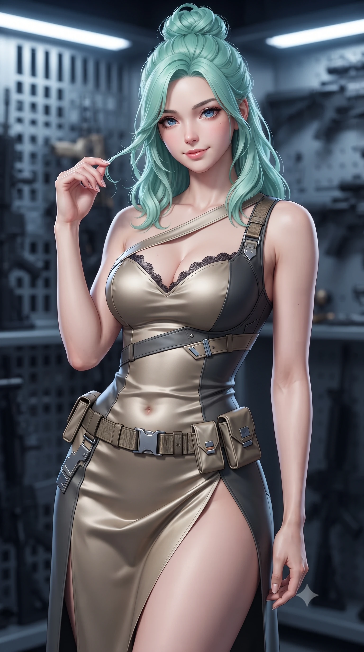 score_9, masterpiece, best quality, ultra-detailed, high-budget anime keyframe, editorial fashion photography, tasteful artistic composition, Japanese woman. close-up cowboy shot from the waist and thighs up, the character dominates the composition, filling the frame with her large presence. twisting her slender torso in an alluring contrapposto stance, one hand resting on her sculpted hip while her fingers toy with her hair with effortless poise while twisting her slender torso in an alluring S-curve, cool LED backlights sculpting her flat midriff, narrow waist, and feminine hip curve. The background shows a soft-focus armory security grilles softened in clandestine bunker shallow focus. She has an exceptionally elegant, slender, and willowy female figure with an ultra-slim waist, flat toned midriff, narrow ribcage, and sculpted feminine hips creating an alluring, slim hourglass silhouette without bulk. sharp v-shaped jawline, high-bridge nose, sparkling eyes with hypnotic seductive depth, thick curled eyelashes, glossy parted lips with a natural dewy peach sheen, alluring bedroom-eyes with an enchanting coquettish smile, exuding magnetic siren charisma and sophisticated glamour, flawlessly proportioned anatomical accuracy, strict slender model proportions, natural body alignment, perfectly sculpted long slender limbs, ultra-slim waistline, clean dynamic posture without body distortion. wearing an asymmetric one-shoulder tactical compression mini dress with a dramatic hip-high slit and utility harness belt in tactical desert sand khaki and matte carbon grey, crafted from fluid liquid silk satin that clings smoothly to every curve with a dewy sheen, finished with scalloped eyelash lace trim framing her sweetheart neckline with intimate elegance, the form-contouring silhouette accentuating her sculpted flat midriff, narrow delicate ribcage, and gracefully curvy hips with intoxicating allure. illuminated by polished steel tabletop bounce and sharp platinum rim lights defining her razor-sharp jawline, narrow waist, and curvy hips. ultra-reflective glossy finish, specular highlights, rich textural contrasts, high-contrast stereoscopic depth, volumetric dynamic lighting, 2k, ultra detail, master piece, 9:16 ratio