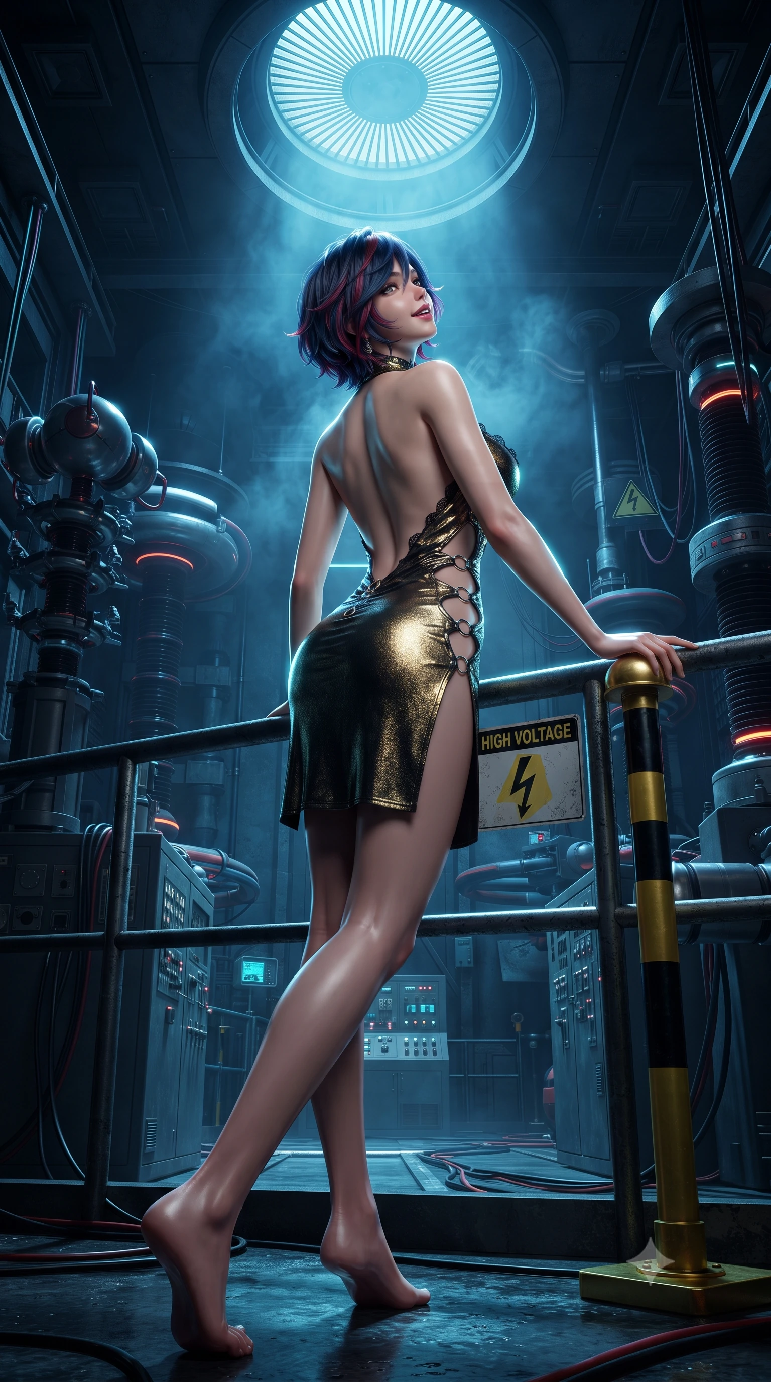 score_9, masterpiece, best quality, ultra-detailed, high-budget anime keyframe, editorial fashion photography, tasteful artistic composition, Korean woman. low angle full-body shot from head to toe showing her feet, filling the entire 9:16 vertical frame with her statuesque presence, stretching her vertical silhouette. leaning deep against the balcony balustrade with hips cocked back in an unapologetically alluring high-fashion stance, casting an intoxicating glance while leaning against the high-voltage warning stanchion with hips cocked back, looking up through swirling cobalt-lit vapors at the 100-meter ceiling vent with smoldering bedroom-eyes. The surrounding environment is rendered in vivid detail and crisp panoramic clarity: detailed tactical flight bodysuit lines, sleek wet-look sheen, and monumental energy facility engineering in high resolution. She has an exceptionally tall and slender model-like 8.5-heads proportion, an ultra-slim waist, a flat toned midriff, narrow delicate ribcage, and beautifully sculpted feminine hips creating a graceful, slim hourglass silhouette without any bulky heaviness, with impossibly long slender legs. sharp v-shaped jawline, high-bridge nose, intricate jewel-like sparkling eyes with depth, thick eyelashes, glossy parted lips with a natural peach sheen, bright cheerful beaming smile with an enchanting and coquettish sensual glint, exuding both youthful cute charm and seductive allure, flawlessly proportioned anatomical accuracy, strict slender model proportions, natural body alignment, perfectly sculpted long slender limbs, ultra-slim waistline, clean dynamic posture without body distortion. wearing an alluring backless metallic lamé combat halter mini dress with deep open back down to her lower spine and thigh-high slit in solar-wind gold and deep space void black, adorned with delicate chrome ring hardware and cutouts along her slender waist, finished with scalloped eyelash lace trim framing her sweetheart neckline with intimate elegance, the glove-like clinging cut tightly following the natural contour of her hips and long slender legs with youthful 8.5-heads elegance. illuminated by wet basalt reflection bounce and sharp electric-cyan rim lights defining her dewy collarbones, ultra-slim waist, and curvy hips. ultra-reflective glossy finish, specular highlights, rich textural contrasts, high-contrast stereoscopic depth, volumetric dynamic lighting, 2k, ultra detail, master piece, 9:16 ratio