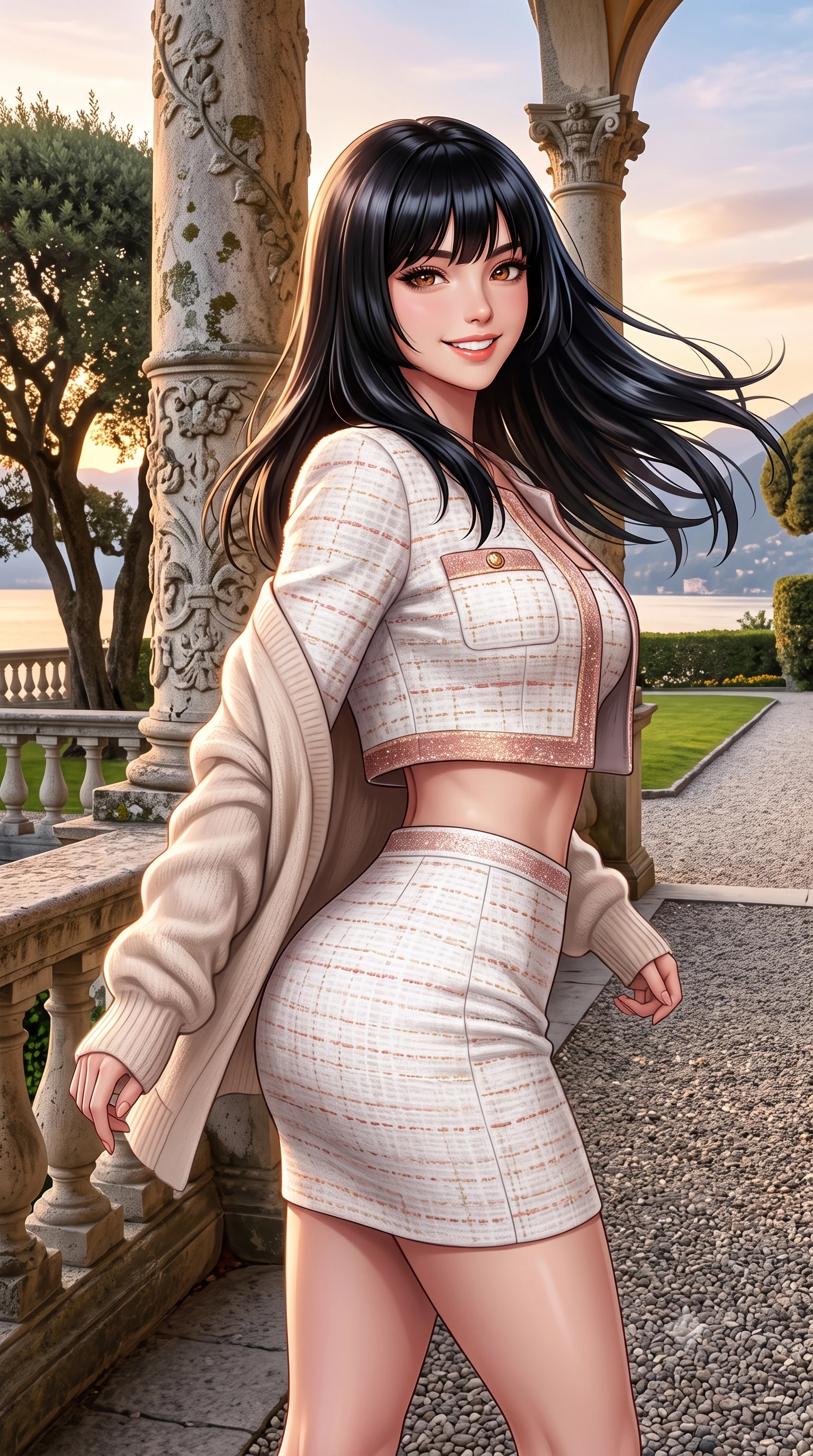 score_9, masterpiece, best quality, ultra-detailed, high-budget anime keyframe, semi-realistic 3D game render, editorial fashion photography, tasteful artistic composition, Caucasian woman. close-up cowboy shot from the waist and thighs up, the character dominates the composition, filling the frame with her large presence. turning playfully with a bright confident smile, her glossy hair tossing in the coastal breeze as her hips angle gracefully in a captivating contrapposto while twisting her slender torso in an alluring contrapposto stance beside manicured holm oaks, her tailored resort silhouette highlighted by sunset. The surrounding environment is rendered in vivid detail and crisp panoramic clarity. sharp carved limestone column details, ancient stone balustrade lichens, and gravel garden path texture in deep focus. She has an exceptionally elegant, slender, and willowy female figure with an ultra-slim waist, flat toned midriff, narrow ribcage, and sculpted feminine hips creating an alluring, slim hourglass silhouette without bulk. sharp v-shaped jawline, high-bridge nose, sparkling amber-hazel eyes with depth, long lush eyelashes, glossy sun-kissed lips with a warm coral glaze, radiant teasing smile with sensual sunlit bedroom-eyes, exuding effortless old-money elegance and intoxicating sun-drenched allure, flawlessly proportioned anatomical accuracy, strict slender model proportions, natural body alignment, perfectly sculpted long slender limbs, ultra-slim waistline, clean dynamic posture without body distortion. wearing a luxury white tweed two-piece resort set with a cropped jacket and ultra-fitted high-waisted mini skirt tracing her hips in soft dusty rose and molten copper shimmer, tailored from soft pastel resort tweed with subtle gold thread shimmer, complemented by an oversized soft cashmere knit cardigan slipping off one bare shoulder, the liquid-tight tailored fabric clinging flawlessly to her narrow waist and rounded feminine hips, emphasizing every millimeter of her sculpted slim hourglass curves without any bulky heaviness. bathed in soft romantic evening light descending over the Como alpine basin. highly saturated vibrant anime colors, detailed shading with soft gradients, rich glossy textures, high-contrast stereoscopic depth, volumetric dynamic lighting, master piece, 9:16 ratio
