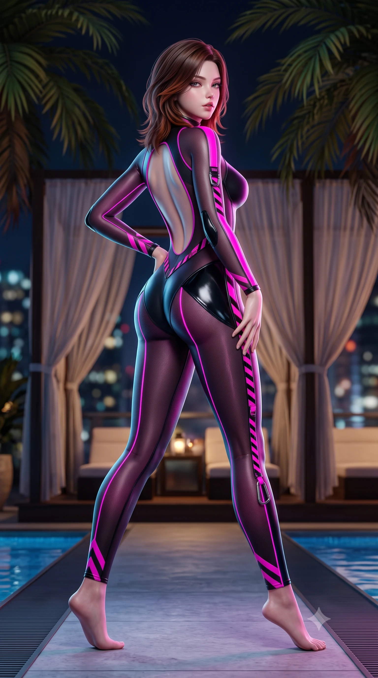 score_9, masterpiece, best quality, ultra-detailed, high-budget anime keyframe, semi-realistic 3D game render, editorial fashion photography, tasteful artistic composition, Korean woman. low angle full-body shot from head to toe showing her feet, filling the entire 9:16 vertical frame with her statuesque presence, stretching her vertical silhouette. striding forward in a proud supermodel runway stride, hips swaying in an alluring kinetic rhythm that accentuates her curvy hourglass silhouette while posing beside towering poolside palm fronds, hips dramatically thrust to one side with hands running along her waist in pure allure. The composition keeps background elements in soft focus with creamy bokeh. sheer cabana drapes and tropical palm silhouettes softened in moody shallow focus. She has an absolutely perfect, statuesque 8.5-heads proportion, an exceptionally tall and slender model-like female figure with impossibly long slender legs, a toned flat midriff, an ultra-slim waist, and beautifully sculpted feminine hips. sharp v-shaped jawline, high-bridge nose, intricate jewel-like eyes with depth, thick eyelashes, glossy parted lips with a natural sheen, intensely captivating and seductive bedroom-eyes expression, flawlessly proportioned anatomical accuracy, strict slender model proportions, natural body alignment, perfectly sculpted long slender limbs, ultra-slim waistline, clean dynamic posture without body distortion. wearing a second-skin cybernetic catsuit with keyhole back and wet-look vinyl hip panels in matte pitch-black and vivid neon magenta, made of semi-translucent cybernetic vinyl with glowing micro-filaments, finished with high-visibility hazard warning tape details and carabiner clips, the dramatically scooped open back descending to the base of her spine, accentuating her razor-sharp statuesque lines and curvy hourglass silhouette. surrounded by an electrifying, hypnotic, and irresistibly provocative nightlife goddess aura. highly saturated vibrant anime colors, detailed shading with soft gradients, rich glossy textures, high-contrast stereoscopic depth, volumetric dynamic lighting, master piece, 9:16 ratio