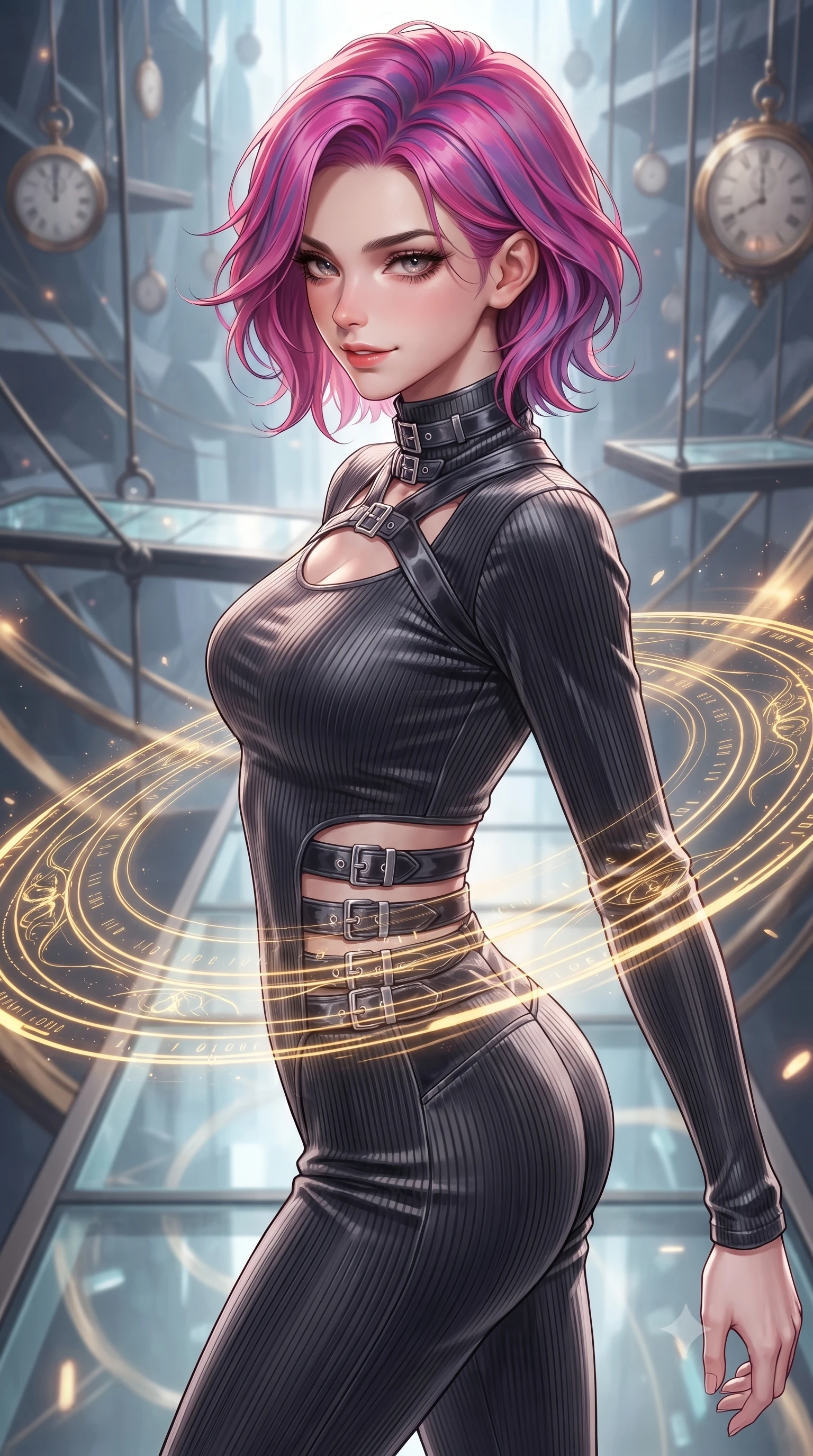 score_9, masterpiece, best quality, ultra-detailed, high-budget anime keyframe, editorial fashion photography, tasteful artistic composition, Caucasian woman. close-up cowboy shot from the waist and thighs up, the character dominates the composition, filling the frame with her large presence, background elements kept in soft focus. Glancing sidelong over her shoulder with a smoldering half-smile and heavy lashes poised on a glass walkway suspended inside a temporal rift rift chamber, golden temporal energy rings swirling around her waist and arms. She has an exceptionally elegant, slender, and willowy female figure with an ultra-slim waist, a gracefully sculpted slender torso, and a refined silhouette. sharp v-shaped jawline, high-bridge nose, intricate jewel-like eyes with depth, thick eyelashes, glossy lips with a natural sheen. wearing a form-fitting ribbed activewear set with collar cutouts in charcoal grey and platinum, made of premium stretch velvet with a rich sheen, detailed with polished silver buckles along the waistline, the form-contouring material highlighting her ultra-slim waist and long lines. illuminated by glowing time runes and soft bronze specular highlights. highly saturated vibrant anime colors, detailed shading with soft gradients, rich glossy textures, high-contrast stereoscopic depth, volumetric dynamic lighting, master piece, 9:16 ratio