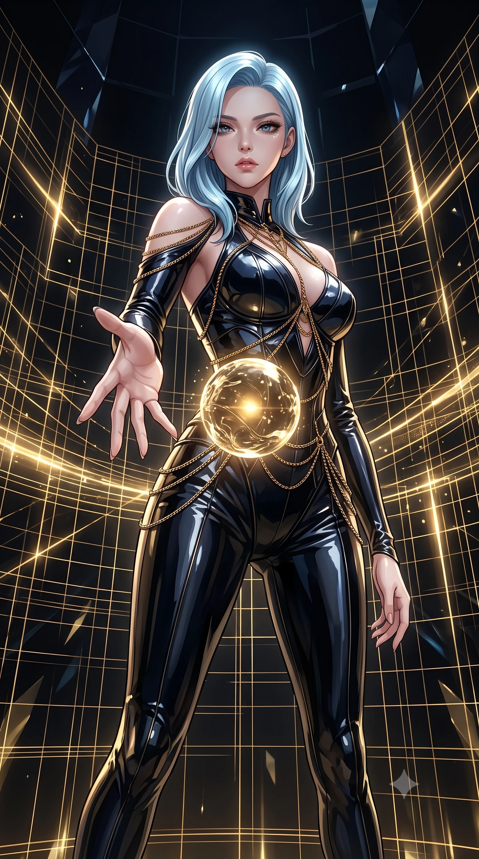 score_9, masterpiece, best quality, ultra-detailed, High-budget Anime Keyframe, East Asian woman. Low angle cowboy shot filling the entire 9:16 frame with her statuesque presence. Scenario 316: reaching out to catch a floating sphere of liquid light in a digital arena where gold gridlines project onto the black walls. Her presence is magnetic and overpowering in this high-budget anime scene. Outfit 316: a body-hugging patent leather second with a low-cut shoulder and fine gold chains. The clothing is designed to emphasize her exceptionally tall and slender 8-heads proportion. 8-heads proportion, towering silhouette, ultra-slim waist. sharp v-shaped jawline, intricate jewel-like eyes with depth, thick eyelashes, glossy lips. 2k, ultra detail, master piece, 9:16 ratio