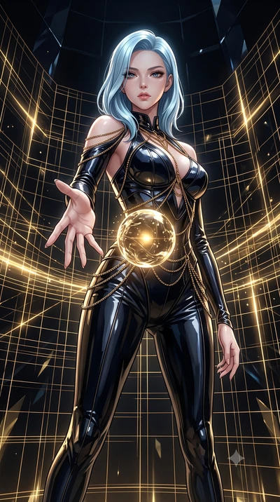 score_9, masterpiece, best quality, ultra-detailed, High-budget Anime Keyframe, East Asian woman. Low angle cowboy shot filling the entire 9:16 frame with her statuesque presence. Scenario 316: reaching out to catch a floating sphere of liquid light 
