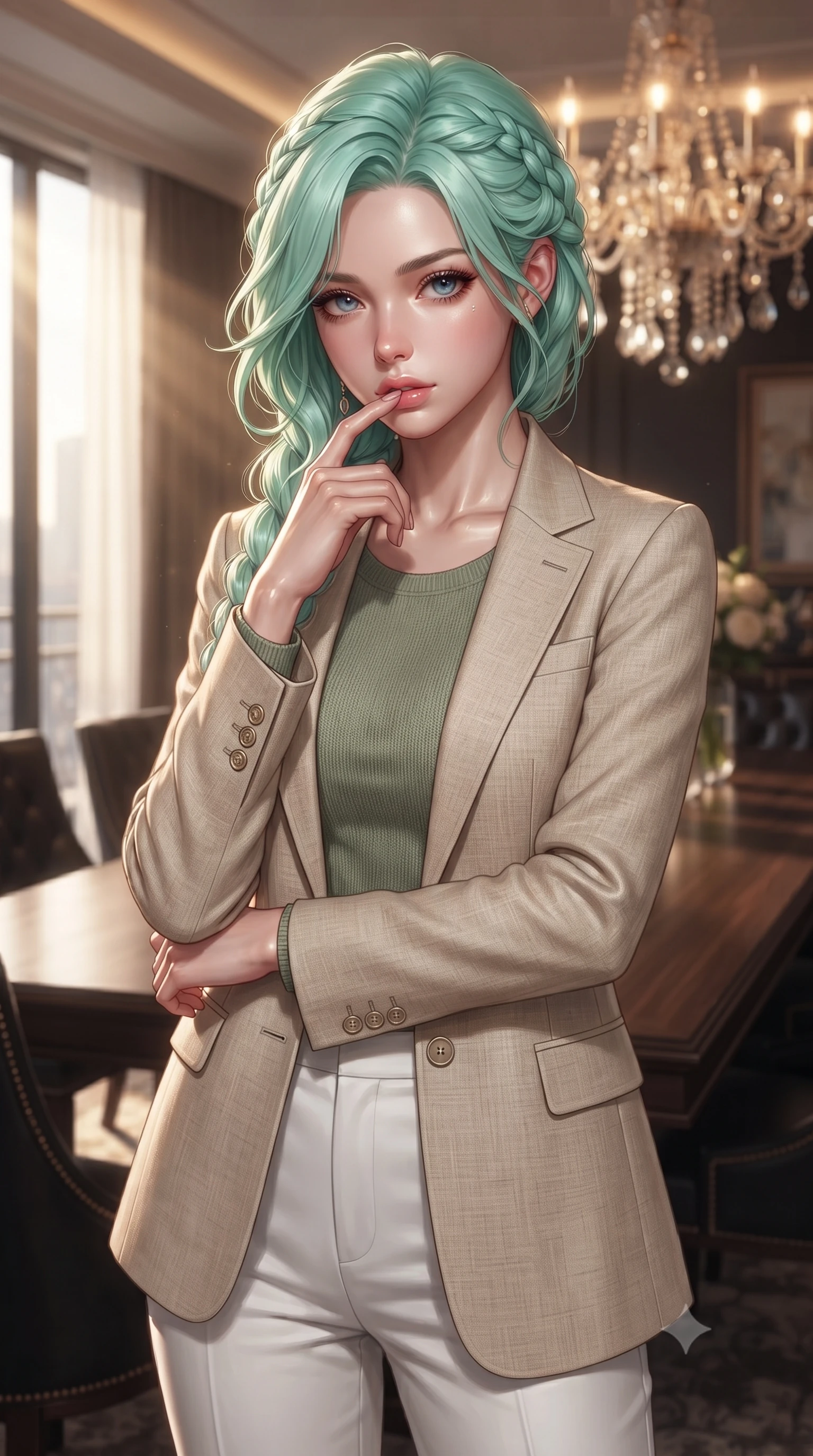 score_9, masterpiece, best quality, ultra-detailed, high-budget anime keyframe, editorial fashion photography, tasteful artistic composition, Japanese woman. close-up cowboy shot from the waist and thighs up, the character dominates the composition, filling the frame with her large presence, background elements kept in soft focus. pressing one finger to her bottom lip in a thoughtful, seductive gesture under the warm sun the background shows a soft-focus a luxury penthouse dining room with a long dark oak table and crystal chandelier. She has an exceptionally elegant, slender, and willowy female figure with an ultra-slim waist, a gracefully sculpted slender torso, and a refined silhouette. sharp v-shaped jawline, high-bridge nose, intricate jewel-like eyes with depth, thick eyelashes, glossy lips with a natural sheen. wearing a tailored tailored beige linen blazer over a sage green knit top and white trousers. warm chandelier glow creating an elegant, high-end atmosphere. ultra-reflective glossy finish, specular highlights, metallic sheen, high-contrast stereoscopic depth, volumetric dynamic lighting, 2k, ultra detail, master piece, 9:16 ratio