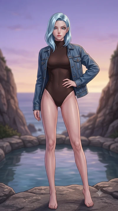score_9, masterpiece, best quality, ultra-detailed, high-budget anime keyframe, editorial fashion photography, tasteful artistic composition, Korean woman woman. low angle full-body shot from head to toe showing her feet, filling the entire 9:16 vert