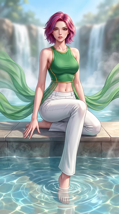 score_9, masterpiece, best quality, ultra-detailed, high-budget anime keyframe, semi-realistic 3D game render, editorial fashion photography, tasteful artistic composition, Caucasian woman. low angle full-body shot from head to toe showing her feet, 