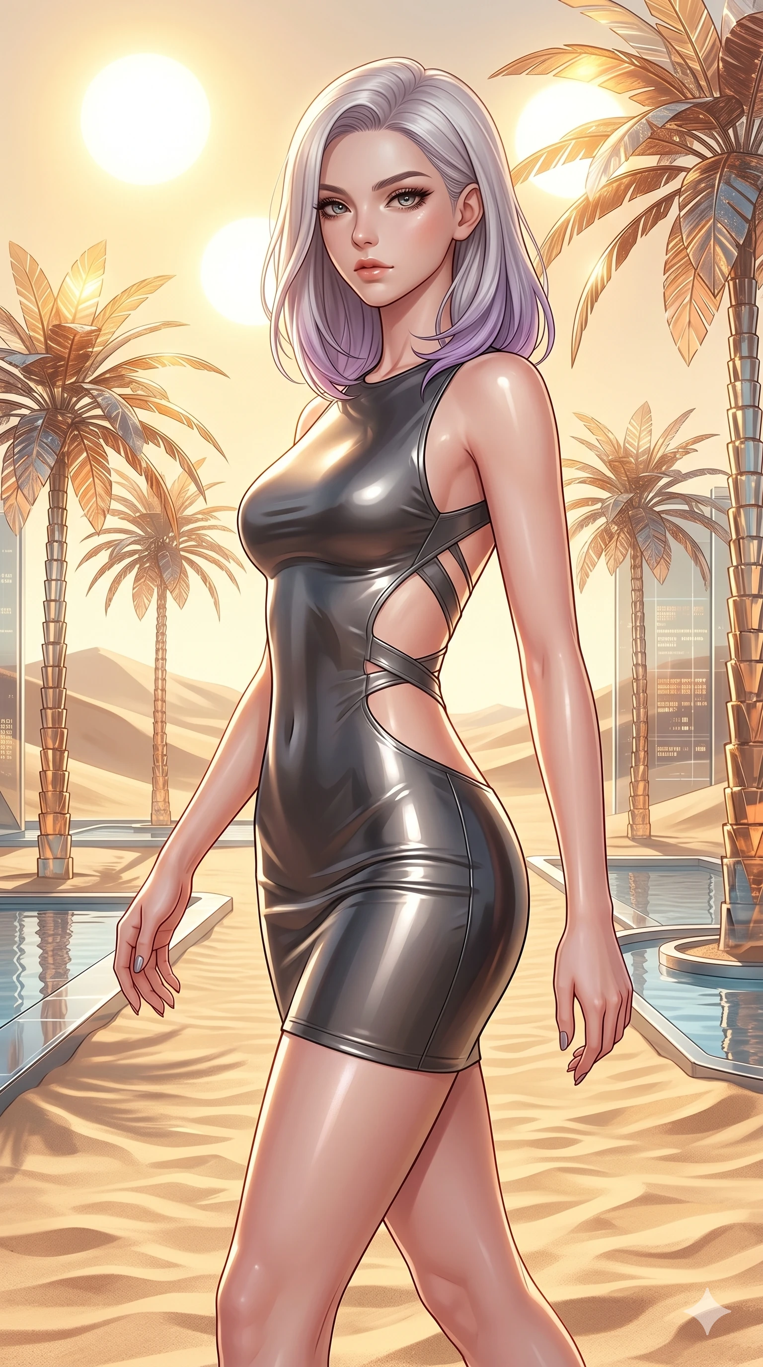 score_9, masterpiece, best quality, ultra-detailed, high-budget anime keyframe, editorial fashion photography, tasteful artistic composition, Caucasian woman, strictly human ears. Upper body close-up from the thighs up, character filling the screen for maximum presence. She is walking through a futuristic sand dune oasis under twin suns, with digital glass palms reflecting gold. She turns her upper body with a seductive, mysterious expression. She has an absolutely perfect 8-heads proportion, an exceptionally tall and slender female figure with impossibly long slender legs and an ultra-slim waist. V-shaped jawline, high-bridge nose, intricate jewel-like eyes with depth, thick eyelashes, glossy lips with a natural sheen. She is wearing a second-skin fashion-latex mini dress with a clean architectural front, featuring an open-back design that wraps around the sides of her waist, showcasing her slender silhouette. The scene is bathed in intense, bright golden desert sun and sharp specular highlights on her smooth skin. 2k, ultra detail, master piece, 9:16 ratio