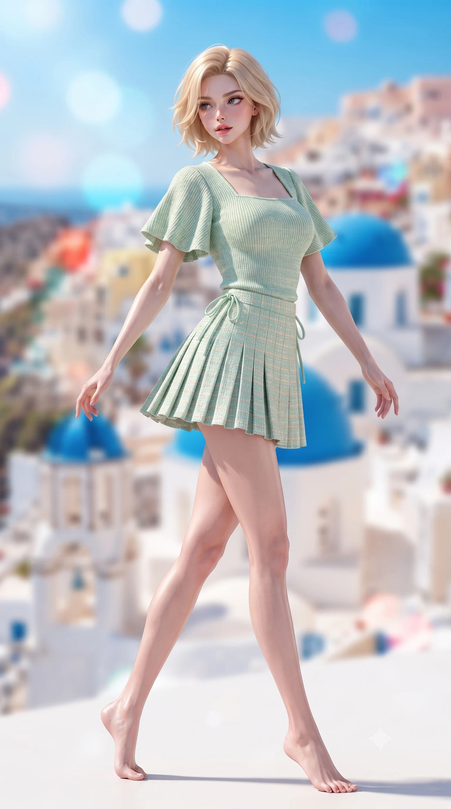 score_9, masterpiece, best quality, ultra-detailed, high-budget anime keyframe, editorial fashion photography, tasteful artistic composition, Caucasian woman. low angle full-body shot from head to toe showing her feet, filling the entire 9:16 vertical frame with her statuesque presence, stretching her vertical silhouette. executing a cheerful mid-motion pivot turn as her skirt flutters around her slender legs, glancing over her shoulder with an intoxicating, teasing cute expression while turning in an alluring dancer S-curve as the Aegean breeze flutters her dress, gazing toward the sparkling caldera with parted glossy lips. The composition keeps background elements in soft focus with dreamy creamy bokeh. cascading whitewashed cliffside villas and iconic cobalt blue church domes blurred into vibrant azure, coral, and pure white bokeh. She has an exceptionally tall and slender model-like 8.5-heads proportion, an ultra-slim waist, a flat toned midriff, narrow delicate ribcage, and beautifully sculpted feminine hips creating a graceful, slim hourglass silhouette without any bulky heaviness, with impossibly long slender legs. sharp v-shaped jawline, high-bridge nose, intricate jewel-like sparkling eyes with depth, thick eyelashes, glossy parted lips with a natural peach sheen, bright cheerful beaming smile with an enchanting and coquettish sensual glint, exuding both youthful cute charm and seductive allure, flawlessly proportioned anatomical accuracy, strict slender model proportions, natural body alignment, perfectly sculpted long slender limbs, ultra-slim waistline, clean dynamic posture without body distortion. wearing an asymmetrical one-shoulder ribbed top paired with a micro-pleated skirt with side hip ties in refreshing mint green and soft vanilla cream, tailored from soft pastel tweed with subtle metallic shimmer, featuring elegant flutter sleeves and a graceful square neckline, the liquid-tight tailored fabric clinging flawlessly to her narrow waist and rounded feminine hips, emphasizing every millimeter of her sculpted slim hourglass curves without any bulky heaviness. illuminated by crisp directional highlights sharply defining her razor-sharp jawline, narrow waist, and curvy hips. ultra-reflective glossy finish, specular highlights, rich textural contrasts, high-contrast stereoscopic depth, volumetric dynamic lighting, 2k, ultra detail, master piece, 9:16 ratio