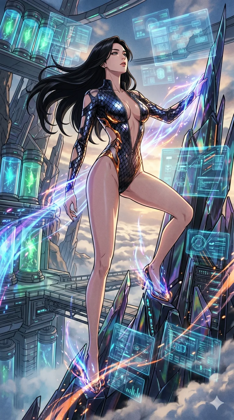 score_9, masterpiece, best quality, ultra-detailed, High-budget Anime Keyframe, vibrant colors, fluid line-art, expressive lighting, cinematic composition, Ufotable-style visual effects, top-tier animation quality, Korean woman with idol-like refined features. Low angle cowboy shot filling the entire 9:16 frame with her statuesque presence, looking up to emphasize her height. Climbing a crystalline spire of glass in a futuristic ruin, the clouds passing below her as she reaches for the summit. She has an absolutely perfect 8-heads proportion, an exceptionally tall and slender female figure with impossibly long slender legs and an ultra-slim waist, her statuesque height and towering silhouette dominating the vertical 9:16 frame. Her face is a masterpiece featuring a sharp v-shaped jawline, high-bridge nose, intricate jewel-like eyes with depth, thick eyelashes, and glossy lips with a natural sheen. She is wearing a Molten metal-look bodysuit with daring cut-outs and a high-cut silhouette crafted from Obsidian-glass scales that shimmer with a dark, crystalline brilliance, unzipped deeply to reveal a daring glimpse of her chest and a high-cut leg line. The scene is set in a high-tech research laboratory with glowing glass tanks and complex holographic interfaces, illuminated by intense energy flares from her powers illuminating the scene with brilliant light. 2k, ultra detail, master piece, 9:16 ratio