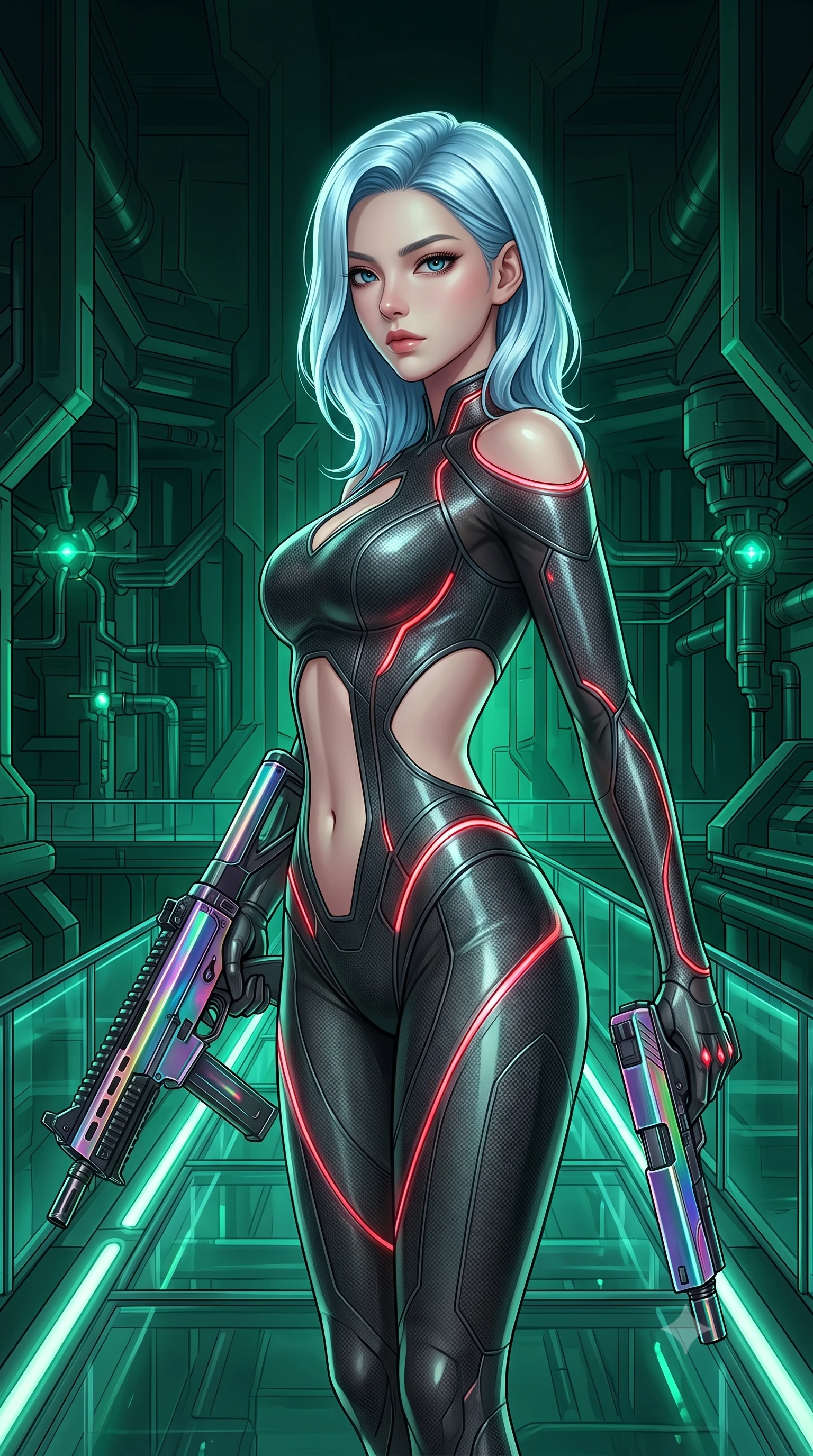 score_9, masterpiece, best quality, ultra-detailed, high-budget anime keyframe, semi-realistic 3D game render, editorial fashion photography, tasteful artistic composition, Korean woman. close-up cowboy shot from the waist and thighs up, the character dominates the composition, filling the frame with her large presence. stretching forward with an alluring arch of her spine, glancing over her shoulder with divine self-assurance and magnetic intensity while stepping along a glowing glass conduit bridge with energy bow held at her side, gazing forward with divine focus. The surrounding environment is rendered in vivid detail and crisp panoramic clarity. rich emerald chiaroscuro and high-tech subterranean power plant architecture captured with sharpness. She has an exceptionally elegant, slender, and willowy female figure with an ultra-slim waist, a gracefully sculpted slender torso, toned flat midriff, and a refined slim silhouette. sharp v-shaped jawline, high-bridge nose, intricate jewel-like eyes with depth, thick eyelashes, glossy lips with a natural sheen, flawlessly proportioned anatomical accuracy, strict slender model proportions, natural body alignment, perfectly sculpted long slender limbs, ultra-slim waistline, clean dynamic posture without body distortion. wearing a second-skin dark gunmetal carbon-weave battle-suit with crimson laser conduits, brandishing a sleek high-tech composite submachine weapon with effortless allure in high-gloss iridescent rainbow carbon with prism holographic sheen, crafted from semi-translucent cybernetic carbon-vinyl interwoven with glowing micro-filaments, accented with glowing fiber-optic conduits tracing her collarbones and hip curves, the precision-cut daring openings accentuating her delicate midriff, graceful bare collarbones, and ultra-slim feminine waistline. surrounded by a sacred, mystical, and breathtakingly powerful high-tech archer goddess atmosphere. rich saturated anime colors with glowing neon highlights, detailed shading with soft gradients, rich glossy textures, high-contrast stereoscopic depth, volumetric dynamic lighting, master piece, 9:16 ratio