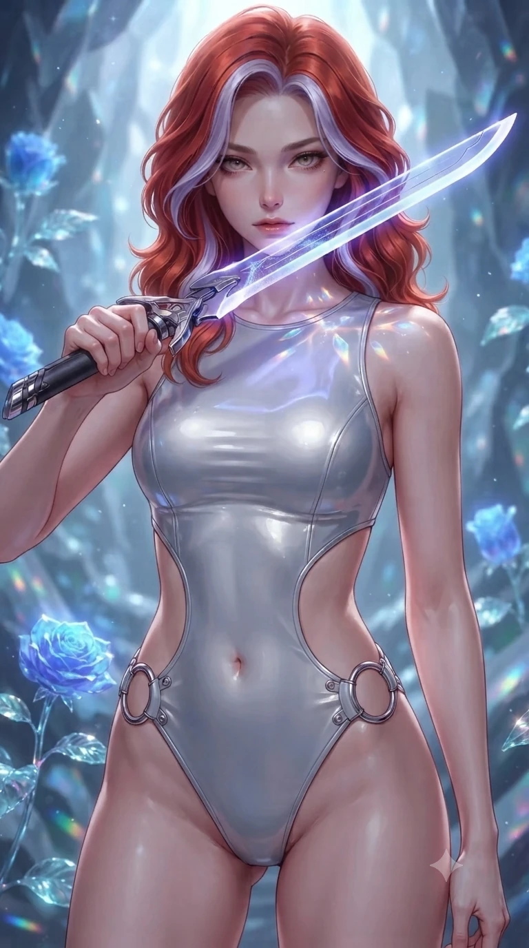 score_9, masterpiece, best quality, ultra-detailed, high-budget anime keyframe, editorial fashion photography, tasteful artistic composition, Caucasian woman. close-up cowboy shot from the waist and thighs up, the character dominates the composition, filling the frame with her large presence, background elements kept in soft focus. pressing the flat side of a glowing vibro-blade against her cheek, locking eyes with the viewer with bedroom-eyes, the background shows a soft-focus a glass structure garden in a crystal cave, with blue roses and glass leaves. She has an exceptionally elegant, slender, and willowy female figure with an ultra-slim waist, a gracefully sculpted slender torso, and a refined silhouette. sharp v-shaped jawline, high-bridge nose, intricate jewel-like eyes with depth, thick eyelashes, glossy lips with a natural sheen. wearing a tailored light carbon-plate combat bodysuit featuring dramatic geometric open-waist cutouts framed by chrome ring hardware. shimmering light refracting through the glass sculpture onto her collarbone. ultra-reflective glossy finish, specular highlights, metallic sheen, high-contrast stereoscopic depth, volumetric dynamic lighting, 2k, ultra detail, master piece, 9:16 ratio