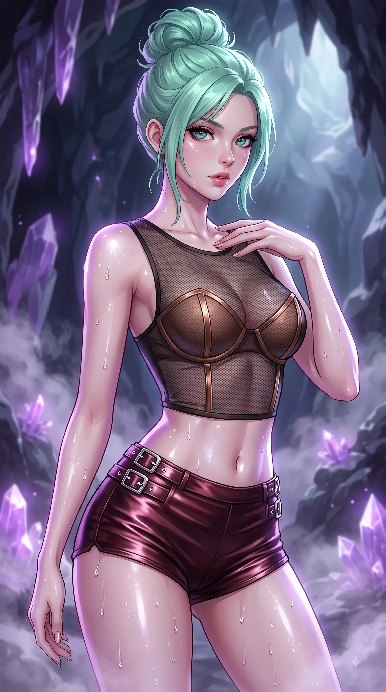 score_9, masterpiece, best quality, ultra-detailed, high-budget anime keyframe, editorial fashion photography, tasteful artistic composition, Japanese woman. close-up cowboy shot from the waist and thighs up, the character dominates the composition, filling the frame with her large presence, background elements kept in soft focus. Pivoting her torso in an alluring S-curve alignment, one hand gently tracing her collarbone with poise while pivoting dynamically in a subterranean crystal cave as steam clouds scatter soft purple geode light, water droplets glistening on her skin and clothing with brilliant specular highlights. She has an exceptionally elegant, slender, and willowy female figure with an ultra-slim waist, a gracefully sculpted slender torso, and a refined silhouette. sharp v-shaped jawline, high-bridge nose, intricate jewel-like eyes with depth, thick eyelashes, glossy lips with a natural sheen, flawlessly proportioned anatomical accuracy, natural body alignment, perfectly sculpted elegant limbs, clean dynamic posture without body distortion. wearing a delicate see-through mesh top with structured cup boning and micro-shorts in deep burgundy and bronze, crafted from smooth liquid silk, detailed with polished silver buckles along the waistline, the tailored fabric tightly following every curve of her athletic build. illuminated by luminous purple bioluminescence and serene silver moonlight. highly saturated vibrant anime colors, detailed shading with soft gradients, rich glossy textures, high-contrast stereoscopic depth, volumetric dynamic lighting, master piece, 9:16 ratio