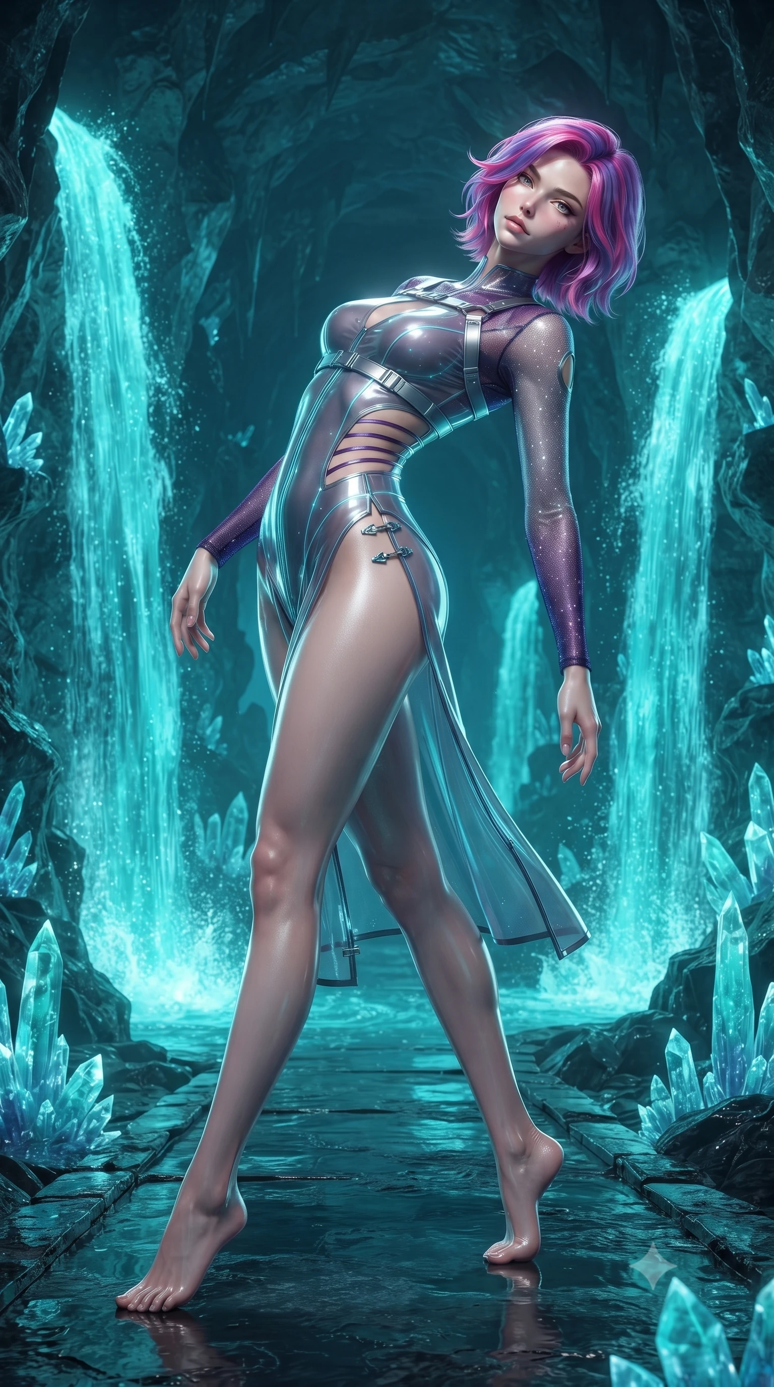 score_9, masterpiece, best quality, ultra-detailed, high-budget anime keyframe, editorial fashion photography, tasteful artistic composition, Caucasian woman. low angle full-body shot from head to toe showing her feet, filling the entire 9:16 vertical frame with her statuesque presence, stretching her vertical silhouette. arching her back in a fluid zero-gravity turn with sovereign grace, her long slender legs and sculpted torso creating a sweeping line while stepping along a black quartz pathway flanked by cascading bioluminescent turquoise waterfalls. The surrounding environment is rendered in vivid detail and crisp panoramic clarity. intricate waterfall spray textures, wet stone reflections, and glowing crystal stalagmites in crisp clarity. She has an absolutely perfect, statuesque 8.5-heads proportion, an exceptionally tall and slender model-like female figure with impossibly long slender legs and an ultra-slim waist. sharp v-shaped jawline, high-bridge nose, intricate jewel-like eyes with depth, thick eyelashes, glossy lips with a natural sheen, flawlessly proportioned anatomical accuracy, natural body alignment, perfectly sculpted elegant limbs, clean dynamic posture without body distortion. wearing an ultra-sleek high-cut tech-bodysuit featuring dangerous diagonal slitted cutouts on the midriff and shoulders, reinforced by a metallic silver harness and sheer mesh sleeves in dark amethyst purple and shimmering starlight silver, tailored from semi-translucent cybernetic vinyl with glowing micro-filaments, finished with an ultra-high side slit secured by miniature magnetic clasps, the liquid-tight fabric adhering flawlessly to her sculpted torso and slender silhouette. surrounded by a mysterious, pristine, and alluringly cool aquatic grotto atmosphere. ultra-reflective glossy finish, specular highlights, metallic sheen, high-contrast stereoscopic depth, volumetric dynamic lighting, 2k, ultra detail, master piece, 9:16 ratio