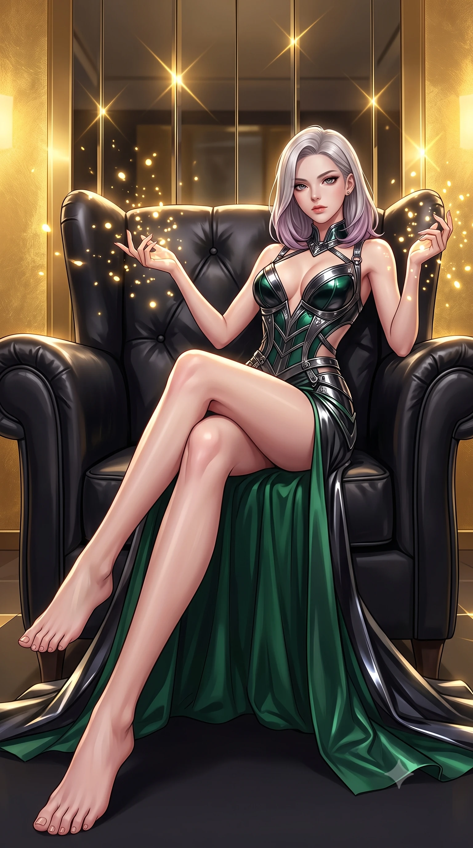 score_9, masterpiece, best quality, ultra-detailed, high-budget anime keyframe, editorial fashion photography, tasteful artistic composition, Caucasian woman. low angle full-body shot from head to toe showing her feet, filling the entire 9:16 vertical frame with her statuesque presence, stretching her vertical silhouette. interacting with glowing light particles, her long slender legs poised in motion, lounging in a deep black leather armchair in an exclusive private suite, polished mirror panels glinting with sharp golden specular highlights. She has an absolutely perfect, statuesque 8.5-heads proportion, an exceptionally tall and slender model-like female figure with impossibly long slender legs and an ultra-slim waist. sharp v-shaped jawline, high-bridge nose, intricate jewel-like eyes with depth, thick eyelashes, glossy lips with a natural sheen. wearing low-cut gothic structured bodice gown with high leg slit in deep emerald green, made of sculpted obsidian metallic chrome, highlighted by a gunmetal metallic harness structure, sculpting her athletic slender build with refined precision. illuminated by warm golden light radiating from gold-leaf accent walls. highly saturated vibrant anime colors, detailed shading with soft gradients, rich glossy textures, high-contrast stereoscopic depth, volumetric dynamic lighting, master piece, 9:16 ratio
