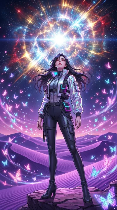 첨부의 캐릭터를 고정하여, 절대로 의상과 포즈를 동일하게 하지말고 현재 프롬프트 기반으로 이미지를 완전히 재구성해야해. score_9, masterpiece, best quality, ultra-detailed, high-budget anime movie keyframe, cinematic anime lighting, intricate line art, Korean woman. Dynamic full-body shot stretching the