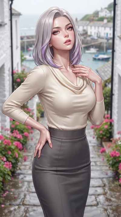 score_9, masterpiece, best quality, ultra-detailed, high-budget anime keyframe, editorial fashion photography, tasteful artistic composition, Caucasian woman woman. close-up cowboy shot from the waist and thighs up, the character dominates the compos