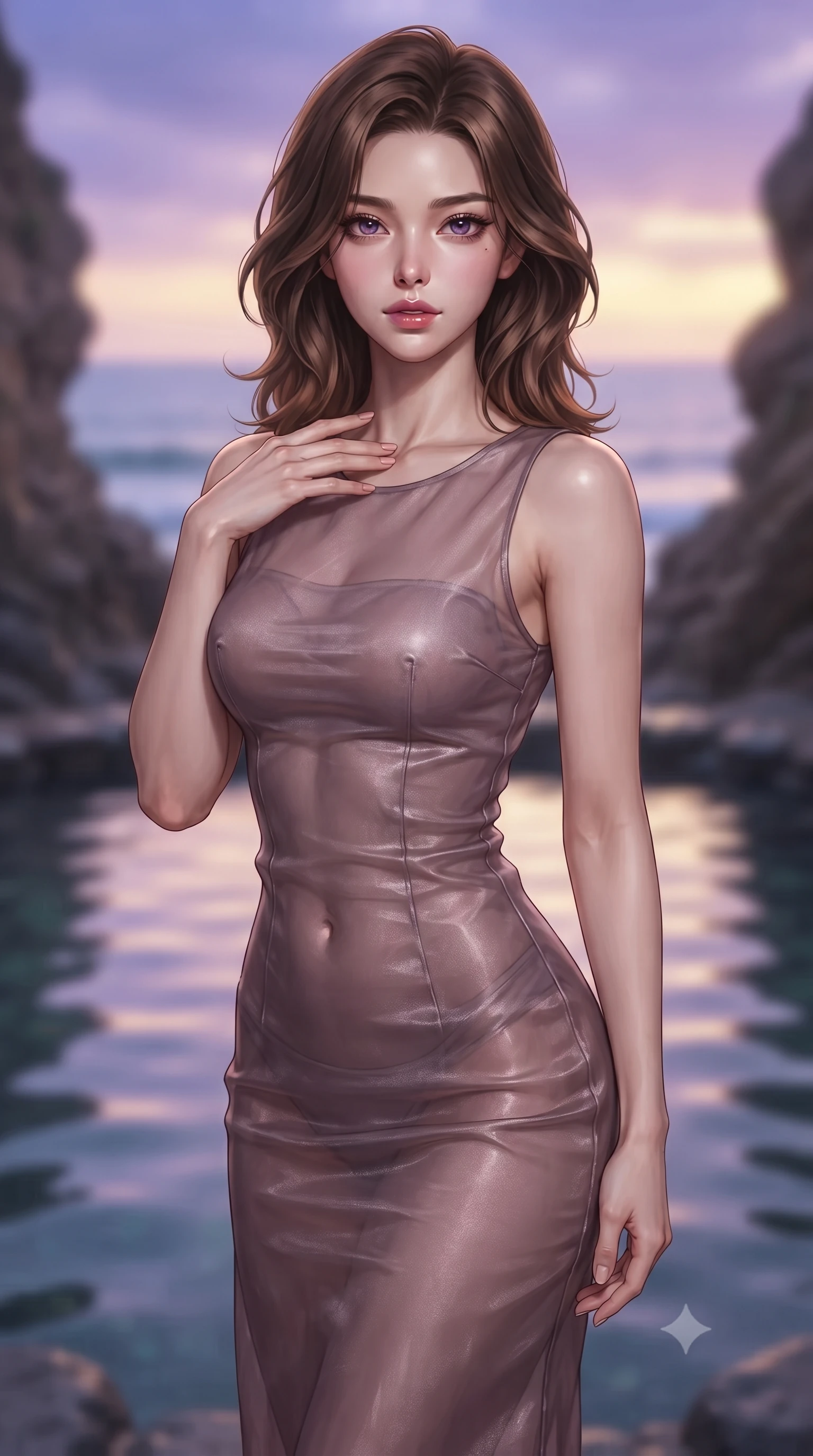 score_9, masterpiece, best quality, ultra-detailed, high-budget anime keyframe, editorial fashion photography, tasteful artistic composition, Korean woman woman. close-up cowboy shot from the waist and thighs up, the character dominates the composition, filling the frame with her large presence, background elements kept in soft focus. standing with one hand resting on her collarbone, looking at the viewer with bedroom-eyes the background shows a soft-focus a natural stone spring pool tucked away in a coastal canyon overlooking the ocean. She has an exceptionally elegant, slender, and willowy female figure with an ultra-slim waist, a gracefully sculpted slender torso, and a refined silhouette. sharp v-shaped jawline, high-bridge nose, intricate jewel-like eyes with depth, thick eyelashes, glossy lips with a natural sheen. wearing a slim-fit sheer organza dress in dusty mauve, showing her slender torso and willowy silhouette. soft diffused twilight sky gradient of violet and amber. ultra-reflective glossy finish, specular highlights, metallic sheen, high-contrast stereoscopic depth, volumetric dynamic lighting, 2k, ultra detail, master piece, 9:16 ratio