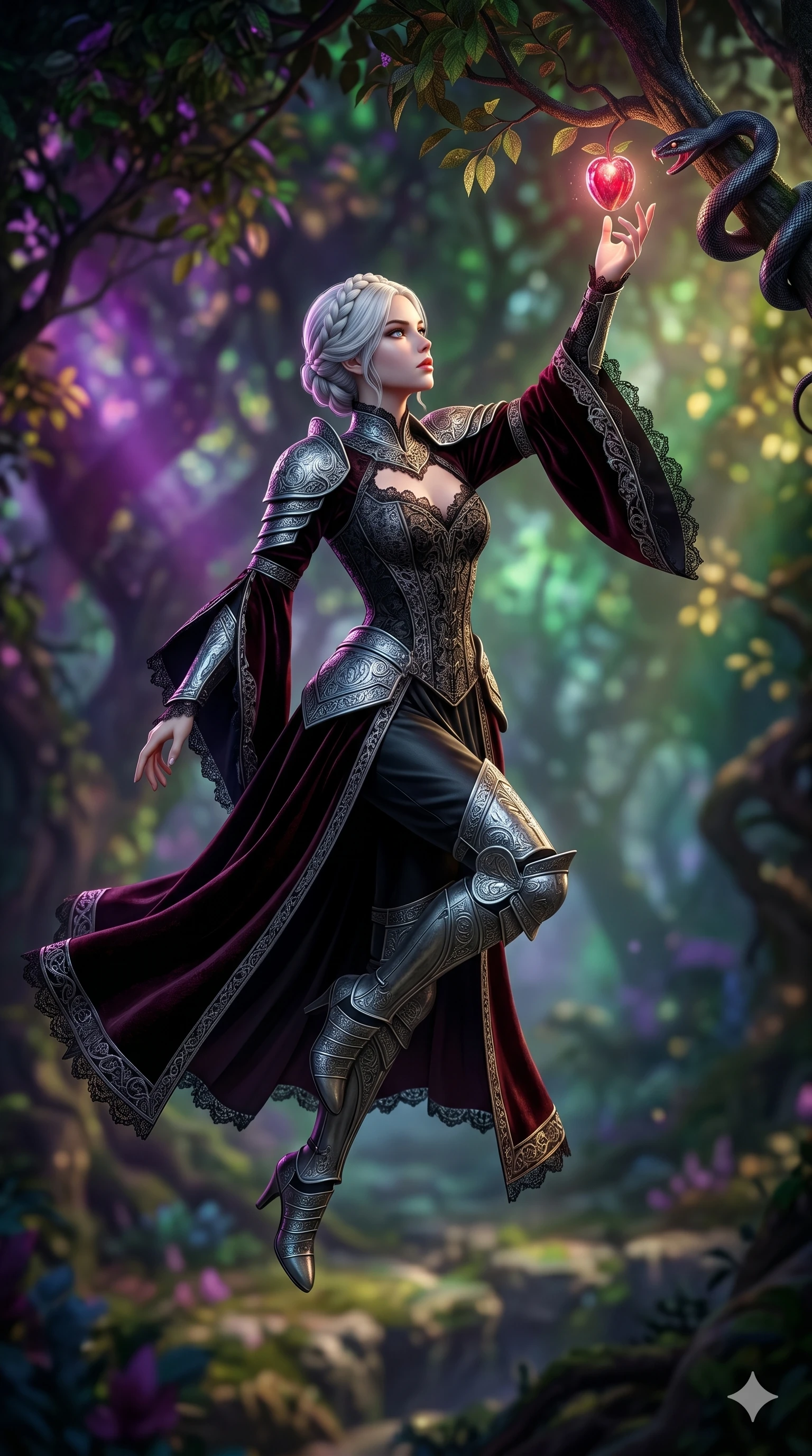 score_9, masterpiece, best quality, ultra-detailed, photorealistic 8k CG, hyper-detailed textures, ray-tracing, Japanese woman. Mid-air action shot capturing a graceful twist and vertical silhouette. reaching for a fruit from the Tree of Knowledge as a snake watches. She has an absolutely perfect 8-heads proportion, an exceptionally tall and slender female figure with graceful and slender proportions. strictly human anatomy, two legs only, no extra limbs, clearly defined legs and arms, perfect anatomy, perfect hands and fingers. sharp v-shaped jawline, high-bridge nose, intricate jewel-like eyes, thick eyelashes, glossy lips. Wearing Dark Fantasy: Gothic lace corset gown, bell-sleeved sorceress robes, and engraved silver plate armor over silk. The scene is illuminated by dramatic atmospheric lighting and vibrant color palettes. , 2k, ultra detail, master piece, 9:16 ratio