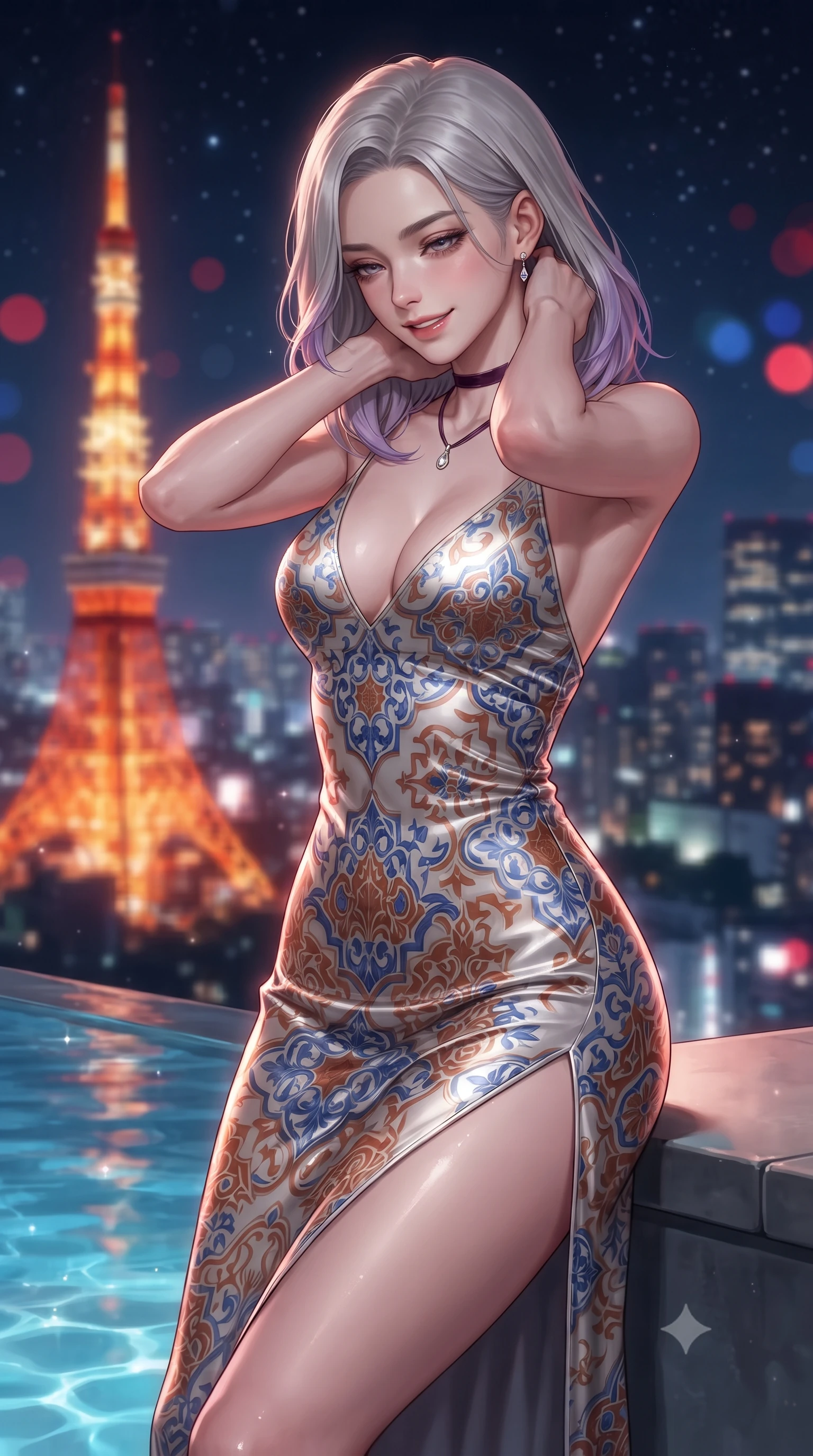 score_9, masterpiece, best quality, ultra-detailed, high-budget anime keyframe, editorial fashion photography, tasteful artistic composition, Caucasian woman. close-up cowboy shot from the waist and thighs up, the character dominates the composition, filling the frame with her large presence. resting both hands lightly behind her neck with elbows raised, arching her spine to highlight her narrow waist, flat midriff, and breathtaking collarbones while leaning against the acrylic infinity pool edge with hips cocked back, looking down at the glittering Tokyo metropolis with heavy-lidded bedroom-eyes. The background shows a soft-focus iconic glowing orange and red lattice of Tokyo Tower, endless carpet of glittering Tokyo skyscrapers, and starry midnight sky blurred into crimson, topaz, and sapphire bokeh. She has an exceptionally elegant, slender, and willowy female figure with an ultra-slim waist, flat toned midriff, narrow ribcage, and sculpted feminine hips creating an alluring, slim hourglass silhouette without bulk. sharp v-shaped jawline, high-bridge nose, intricate jewel-like sparkling eyes with depth, thick eyelashes, glossy parted lips with a natural peach sheen, bright cheerful beaming smile with an enchanting and coquettish sensual glint, exuding both youthful cute charm and seductive allure, flawlessly proportioned anatomical accuracy, strict slender model proportions, natural body alignment, perfectly sculpted long slender limbs, ultra-slim waistline, clean dynamic posture without body distortion. wearing a liquid platinum satin bias-cut slip dress clinging seamlessly over her sculpted flat midriff and feminine hips in Andalusian Alhambra azulejo cobalt and warm terracotta copper, tailored from ultra-plush silk velvet with rich tactile depth and deep shadow gradients, finished with a thin velvet ribbon choker and a single teardrop diamond pendant, the impeccably tailored cut draping gracefully along her slender figure with aristocratic poise. illuminated by pool surface specular bounce and sharp ruby-and-platinum dual rim lights defining her dewy collarbones, ultra-slim waist, and curvy hips. ultra-reflective glossy finish, specular highlights, rich textural contrasts, high-contrast stereoscopic depth, volumetric dynamic lighting, 2k, ultra detail, master piece, 9:16 ratio
