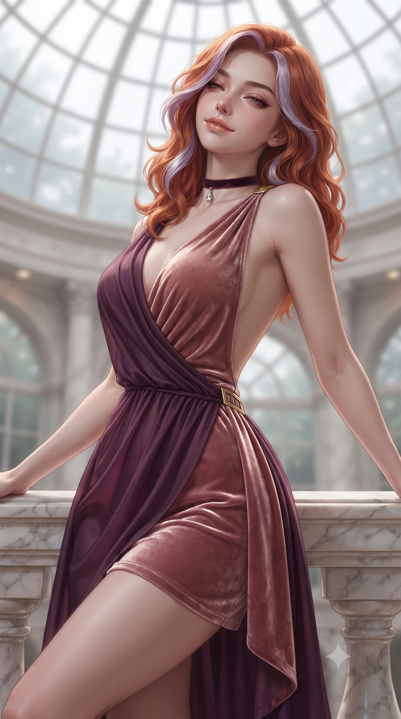 score_9, masterpiece, best quality, ultra-detailed, high-budget anime keyframe, editorial fashion photography, tasteful artistic composition, Caucasian woman. close-up cowboy shot from the waist and thighs up, the character dominates the composition, filling the frame with her large presence. leaning back against the balustrade with relaxed seductive grace, head tilted back slightly while casting a hypnotic, heavy-lidded gaze while twisting her slender torso in an alluring S-curve, soft conservatory downlights and harbor reflections tracing her flat midriff and hips. The background shows a soft-focus glass conservatory dome softened in grand Mediterranean neoclassical shallow focus. She has an exceptionally elegant, slender, and willowy female figure with an ultra-slim waist, flat toned midriff, narrow ribcage, and sculpted feminine hips creating an alluring, slim hourglass silhouette without bulk. sharp v-shaped jawline, high-bridge nose, sparkling eyes with hypnotic seductive depth, thick curled eyelashes, glossy parted lips with a natural dewy peach sheen, alluring bedroom-eyes with an enchanting coquettish smile, exuding magnetic siren charisma and sophisticated glamour, flawlessly proportioned anatomical accuracy, strict slender model proportions, natural body alignment, perfectly sculpted long slender limbs, ultra-slim waistline, clean dynamic posture without body distortion. wearing a draped Greek-goddess style silk chiffon mini toga dress with an open back and golden hip fibula in deep plum violet and rose gold, tailored from ultra-plush velvet with rich tactile depth and deep shadow gradients, finished with a thin velvet ribbon choker and a single teardrop diamond pendant, the second-skin tailored fabric adhering flawlessly to her sculpted flat midriff and slender torso, emphasizing her long leg lines and perfectly proportioned willowy build. illuminated by polished marble floor specular bounce and sharp platinum rim lights sculpting her razor-sharp jawline, narrow waist, and curvy hips. ultra-reflective glossy finish, specular highlights, rich textural contrasts, high-contrast stereoscopic depth, volumetric dynamic lighting, 2k, ultra detail, master piece, 9:16 ratio