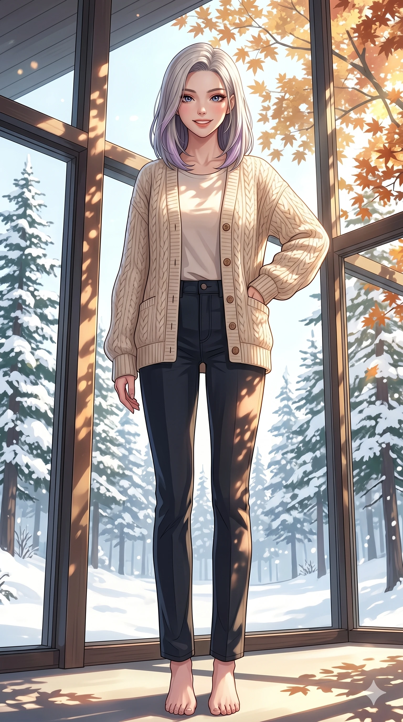 score_9, masterpiece, best quality, ultra-detailed, high-budget anime keyframe, vibrant anime aesthetic, Caucasian woman, strictly human ears. low angle full-body shot from head to toe showing her feet, filling the entire 9:16 vertical frame with her statuesque presence, stretching her vertical silhouette. She is standing with a confident posture, her face lit up by a warm and lively smile inside a bright resort lobby with large floor-to-ceiling windows showing a snowy pine forest (Code-P21-005). She has an absolutely perfect 8-heads proportion, an exceptionally tall and slender female figure with impossibly long slender legs and an ultra-slim waist. V-shaped jawline, high-bridge nose, intricate jewel-like eyes with depth, thick eyelashes, glossy lips with a natural sheen. wearing a cozy thick-knit cardigan over a cotton tee and straight-leg trousers. She is bathed in dappled sunlight filtering through autumn maples, creating organic shadows. 2k, ultra detail, master piece, 9:16 ratio