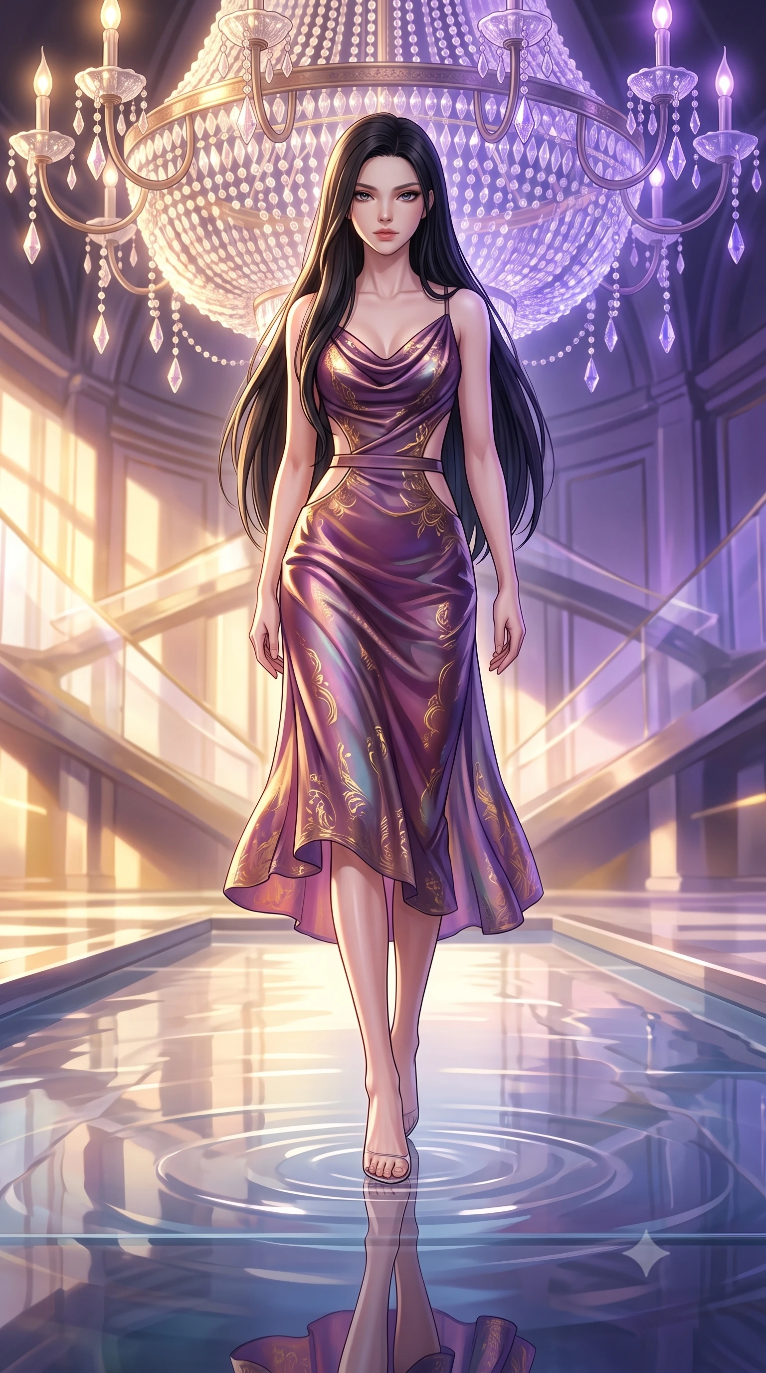 score_9, masterpiece, best quality, ultra-detailed, high-budget anime keyframe, editorial fashion photography, tasteful artistic composition, Korean woman. low angle full-body shot from head to toe showing her feet, filling the entire 9:16 vertical frame with her statuesque presence, stretching her vertical silhouette. navigating the luminous space with effortless poise, displaying her perfect model proportions poised beneath a giant crystal chandelier refracting subterranean sunlight, still mirror-like water below reflecting her statuesque figure flawlessly. She has an absolutely perfect, statuesque 8.5-heads proportion, an exceptionally tall and slender model-like female figure with impossibly long slender legs and an ultra-slim waist. sharp v-shaped jawline, high-bridge nose, intricate jewel-like eyes with depth, thick eyelashes, glossy lips with a natural sheen. wearing an elegant cowl-neck satin midi dress with a draped neckline in plum purple and gold filigree, crafted from iridescent chiffon that shifts colors in the light, featuring clean architectural cutouts along her slender torso, the form-contouring material highlighting her ultra-slim waist and long lines. lit by warm golden sunlight colliding with cool violet crystal illumination. highly saturated vibrant anime colors, detailed shading with soft gradients, rich glossy textures, high-contrast stereoscopic depth, volumetric dynamic lighting, master piece, 9:16 ratio