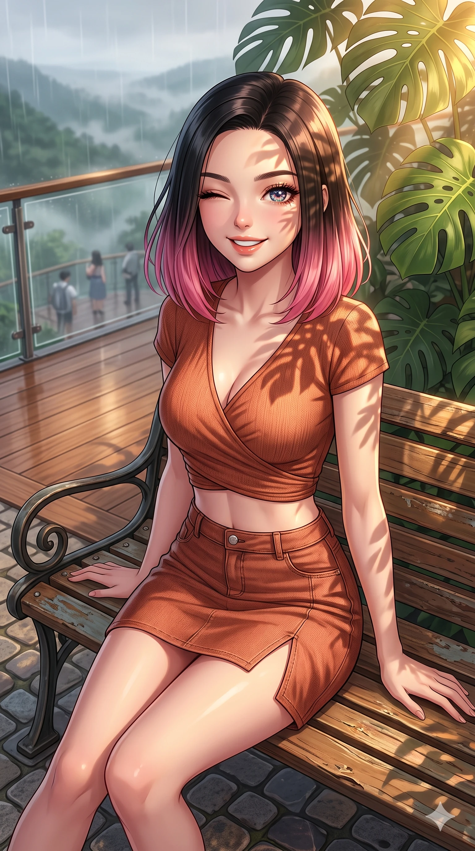 score_9, masterpiece, best quality, ultra-detailed, high-budget anime keyframe, vibrant anime aesthetic, Korean woman. close-up cowboy shot from the waist and thighs up, the character dominates the composition, filling the frame with her large presence, background elements kept in soft focus. She is sitting on a vintage bench, winking with a playful and bright expression, her eyes shining with genuine joy with a soft breath of wind in her hair. standing on a floating observation deck of a nature center conservatory, overlooking a misty rainy valley (Code-P22-080). She has an absolutely perfect proportion, an exceptionally elegant and slender female figure with an ultra-slim waist. V-shaped jawline, high-bridge nose, intricate jewel-like eyes with depth, thick eyelashes, glossy lips with a natural sheen. wearing a cropped wrap top and a matching denim skirt with a refined side vent in warm terracotta. She is drenched in warm, golden afternoon sunbeams filtering through dense green monstera leaves, creating a cinematic, high-budget anime lighting effect along the cobblestone alley. 2k, ultra detail, master piece, 9:16 ratio