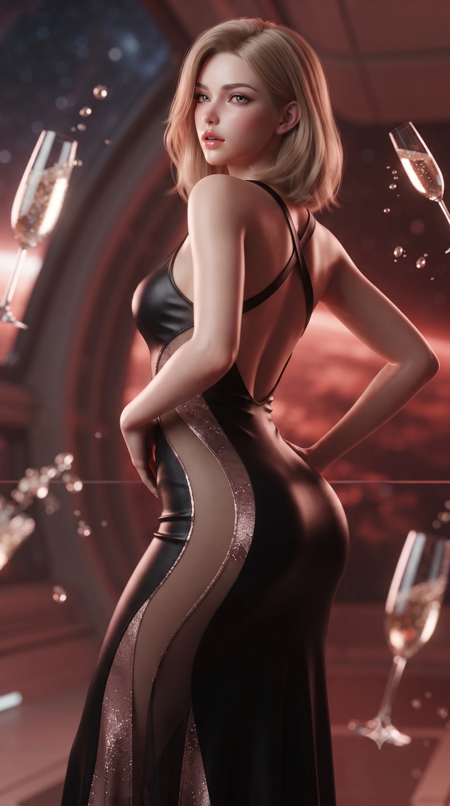 score_9, masterpiece, best quality, ultra-detailed, high-budget anime keyframe, editorial fashion photography, tasteful artistic composition, Korean woman. close-up cowboy shot from the waist and thighs up, the character dominates the composition, filling the frame with her large presence. posing in an alluring rear three-quarter angle, arching her lower back in a pronounced S-curve with one hand on her hip, glancing seductively over her bare shoulder with parted glossy lips while leaning back against the quartz-glass observation bulkhead with hips cocked, casting an alluring, sovereign bedroom-gaze past floating zero-gravity crystal flutes. The composition keeps background elements in soft focus with creamy bokeh. floating zero-gravity champagne droplets and sleek cruiser bulkhead ribs softened in glamorous sci-fi shallow focus. She has an exceptionally elegant, slender, and willowy female figure with an ultra-slim waist, flat toned midriff, narrow ribcage, and sculpted feminine hips creating an alluring, slim hourglass silhouette without bulk. sharp v-shaped jawline, high-bridge nose, intricate jewel-like eyes with depth, thick eyelashes, glossy parted lips with a natural sheen, intensely captivating and seductive bedroom-eyes expression, flawlessly proportioned anatomical accuracy, strict slender model proportions, natural body alignment, perfectly sculpted long slender limbs, ultra-slim waistline, clean dynamic posture without body distortion. wearing a second-skin black silk jersey maxi dress with asymmetrical sheer mesh side panels tracing the full curve of her hip in dusky blush rose and champagne shimmer, tailored from second-skin aerodynamic stretch vinyl with specular wet sheen, finished with criss-cross back satin straps highlighting her graceful shoulder blades, the second-skin form-contouring cut accentuating her sculpted flat midriff, narrow delicate ribcage, and gracefully curvy hips with supermodel precision. bathed in dramatic warm crimson and copper planetary storm glow contrasting with cool cosmic starlight ambient fill. ultra-reflective glossy finish, specular highlights, rich textural contrasts, high-contrast stereoscopic depth, volumetric dynamic lighting, 2k, ultra detail, master piece, 9:16 ratio