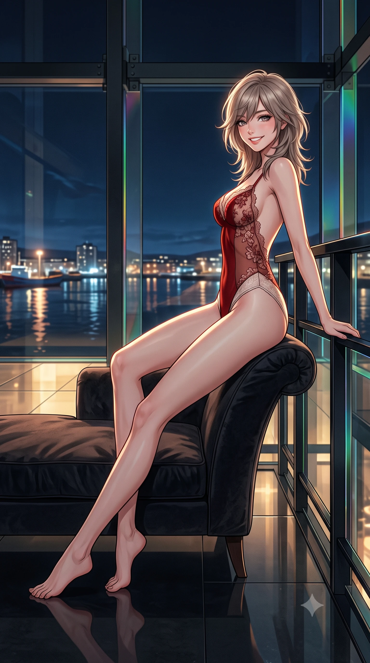 score_9, masterpiece, best quality, ultra-detailed, high-budget anime keyframe, editorial fashion photography, tasteful artistic composition, Japanese woman. low angle full-body shot from head to toe showing her feet, filling the entire 9:16 vertical frame with her statuesque presence, stretching her vertical silhouette. reclining gracefully across the plush chaise lounge with one leg extended, her sculpted silhouette and flat midriff radiating magnetic nocturnal glamour while leaning against the cantilevered black steel atrium balustrade with hips cocked back, looking out over Reykjavik harbor with smoldering bedroom-eyes. The surrounding environment is rendered in vivid detail and crisp panoramic clarity: sharp steel quasi-brick structural joints, dichroic glass edge bevels, and mirror-polished black concrete floor grain in deep focus. She has an exceptionally tall and slender model-like 8.5-heads proportion, an ultra-slim waist, a flat toned midriff, narrow delicate ribcage, and beautifully sculpted feminine hips creating a graceful, slim hourglass silhouette without any bulky heaviness, with impossibly long slender legs. sharp v-shaped jawline, high-bridge nose, intricate jewel-like sparkling eyes with depth, thick eyelashes, glossy parted lips with a natural peach sheen, bright cheerful beaming smile with an enchanting and coquettish sensual glint, exuding both youthful cute charm and seductive allure, flawlessly proportioned anatomical accuracy, strict slender model proportions, natural body alignment, perfectly sculpted long slender limbs, ultra-slim waistline, clean dynamic posture without body distortion. wearing an alluring backless sheer lace leotard with high-cut leg openings and delicate floral embroidery framing her spine in Cordoba vermilion red and ivory alabaster marble, made of fluid liquid jersey with seamless sculpting hold and smooth contours, finished with scalloped eyelash lace trim framing her sweetheart neckline with intimate elegance, the form-contouring silhouette accentuating her sculpted flat midriff, narrow delicate ribcage, and gracefully curvy hips with intoxicating allure. illuminated by glass floor reflection bounce and sharp prism-rainbow rim lights defining her razor-sharp jawline, narrow waist, and curvy hips. ultra-reflective glossy finish, specular highlights, rich textural contrasts, high-contrast stereoscopic depth, volumetric dynamic lighting, 2k, ultra detail, master piece, 9:16 ratio