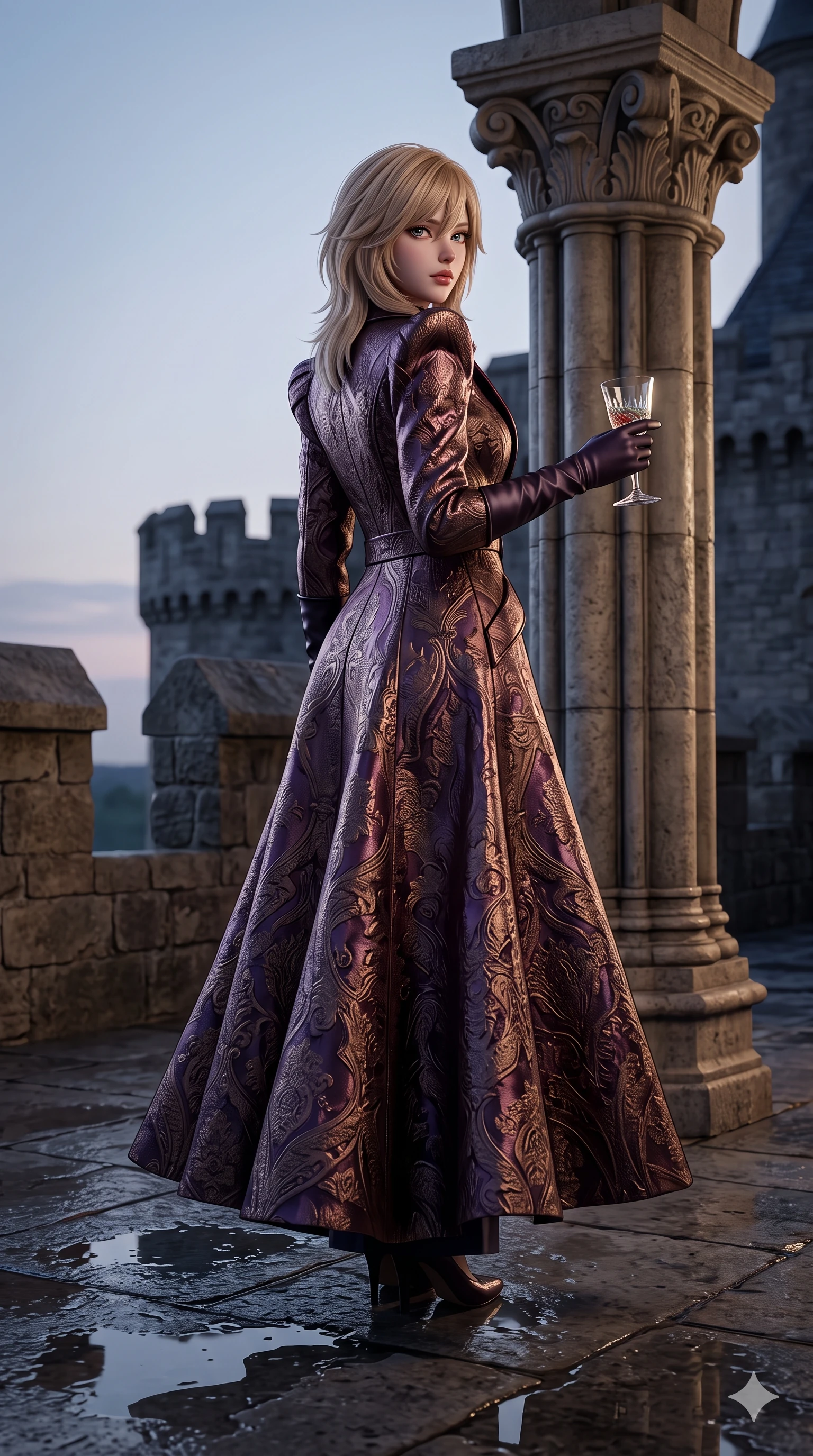 score_9, masterpiece, best quality, ultra-detailed, high-budget anime keyframe, semi-realistic 3D game render, editorial fashion photography, tasteful artistic composition, Japanese woman. low angle full-body shot from head to toe showing her feet, filling the entire 9:16 vertical frame with her statuesque presence, stretching her vertical silhouette. standing tall beside the architectural column, one hand resting high while arching her lower back to emphasize her sculpted feminine hips and slender waist while posing in an alluring rear three-quarter angle, looking over a bare shoulder with parted glossy lips as cool ambient loch light highlights her spine. The surrounding environment is rendered in vivid detail and crisp panoramic clarity: detailed anime keyframe lines, wet-look fabric drape, and monumental castle battlements in high resolution. She has an exceptionally tall and slender model-like 8.5-heads proportion, an ultra-slim waist, a flat toned midriff, narrow delicate ribcage, and beautifully sculpted feminine hips creating a graceful, slim hourglass silhouette without any bulky heaviness, with impossibly long slender legs. sharp v-shaped jawline, high-bridge nose, intricate jewel-like eyes with depth, thick eyelashes, glossy parted lips with a natural sheen, intensely captivating and seductive bedroom-eyes expression, flawlessly proportioned anatomical accuracy, strict slender model proportions, natural body alignment, perfectly sculpted long slender limbs, ultra-slim waistline, clean dynamic posture without body distortion. wearing an architectural evening trench coat in metallic jacquard with structured shoulders and horn buckle cuffs in deep plum violet and antique bronze, tailored from water-resistant treated wool gabardine and flexible stretch silk, accessorized with opera-length satin gloves and a vintage crystal glass, the impeccably tailored cut draping gracefully along her slender figure with aristocratic poise. puddle reflection bounce and volumetric dynamic lighting highlighting her long slender legs and willowy proportions. highly saturated vibrant anime colors, detailed shading with soft gradients, rich glossy textures, high-contrast stereoscopic depth, volumetric dynamic lighting, master piece, 9:16 ratio