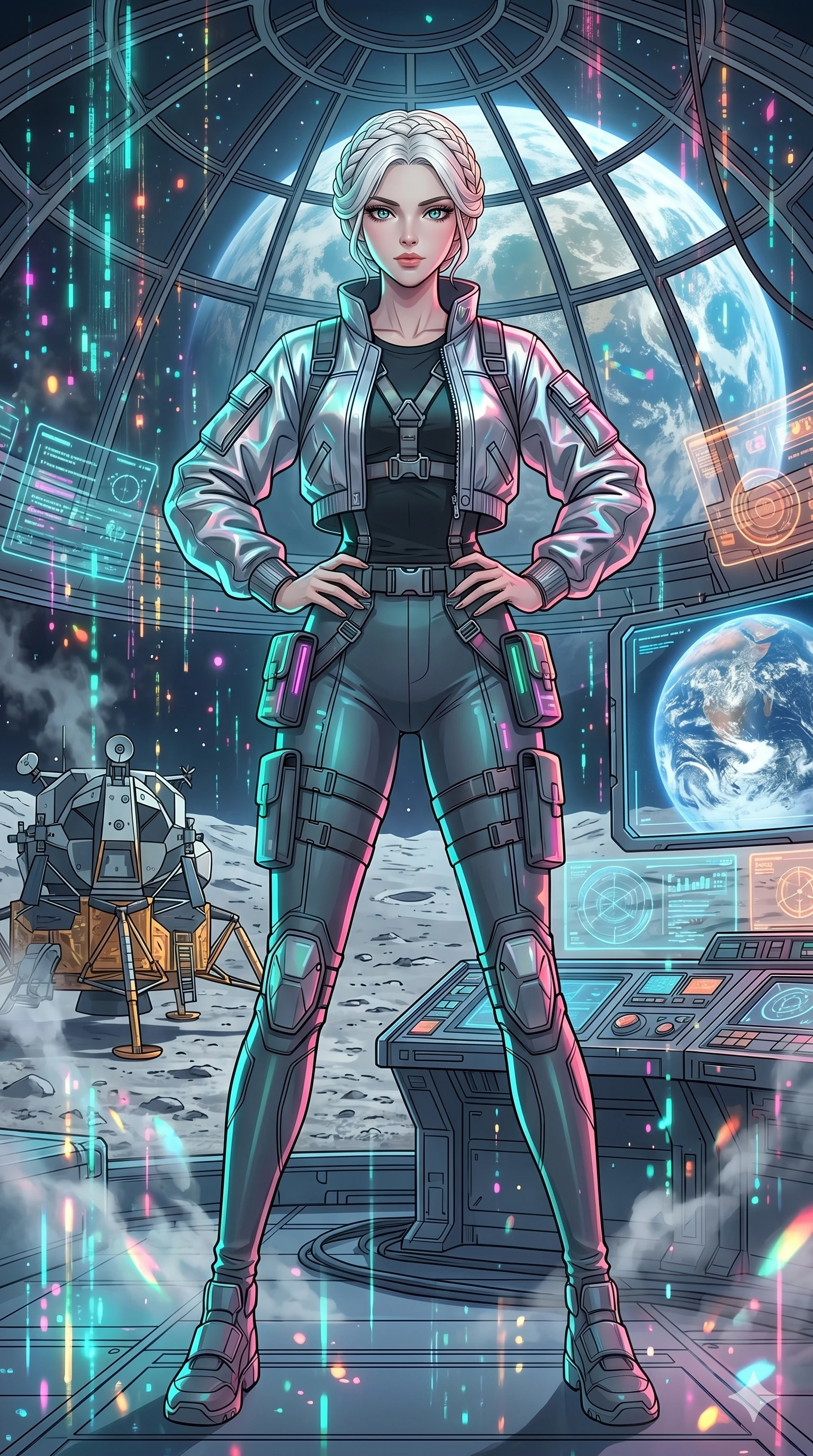 score_9, masterpiece, best quality, ultra-detailed, high-budget anime movie keyframe, cinematic anime lighting, intricate line art, Caucasian (strictly human ears) woman. Upper body filling screen focusing on her alluring features and slim-fit silhouette. standing victoriously in a lunar observatory with holographic rain. She has an absolutely perfect 8-heads proportion, an exceptionally tall and slender female figure with an ultra-slim waist and impossibly long slender legs. sharp v-shaped jawline, high-bridge nose, intricate jewel-like eyes, thick eyelashes, glossy lips. Wearing modern urban tech-wear ensemble with a cropped reflective bomber jacket, ultra-slim high-waisted cargo leggings, and tactical harness with neon-lit pouches. The scene is illuminated by dramatic atmospheric lighting and vibrant color palettes. , 2k, ultra detail, master piece, 9:16 ratio