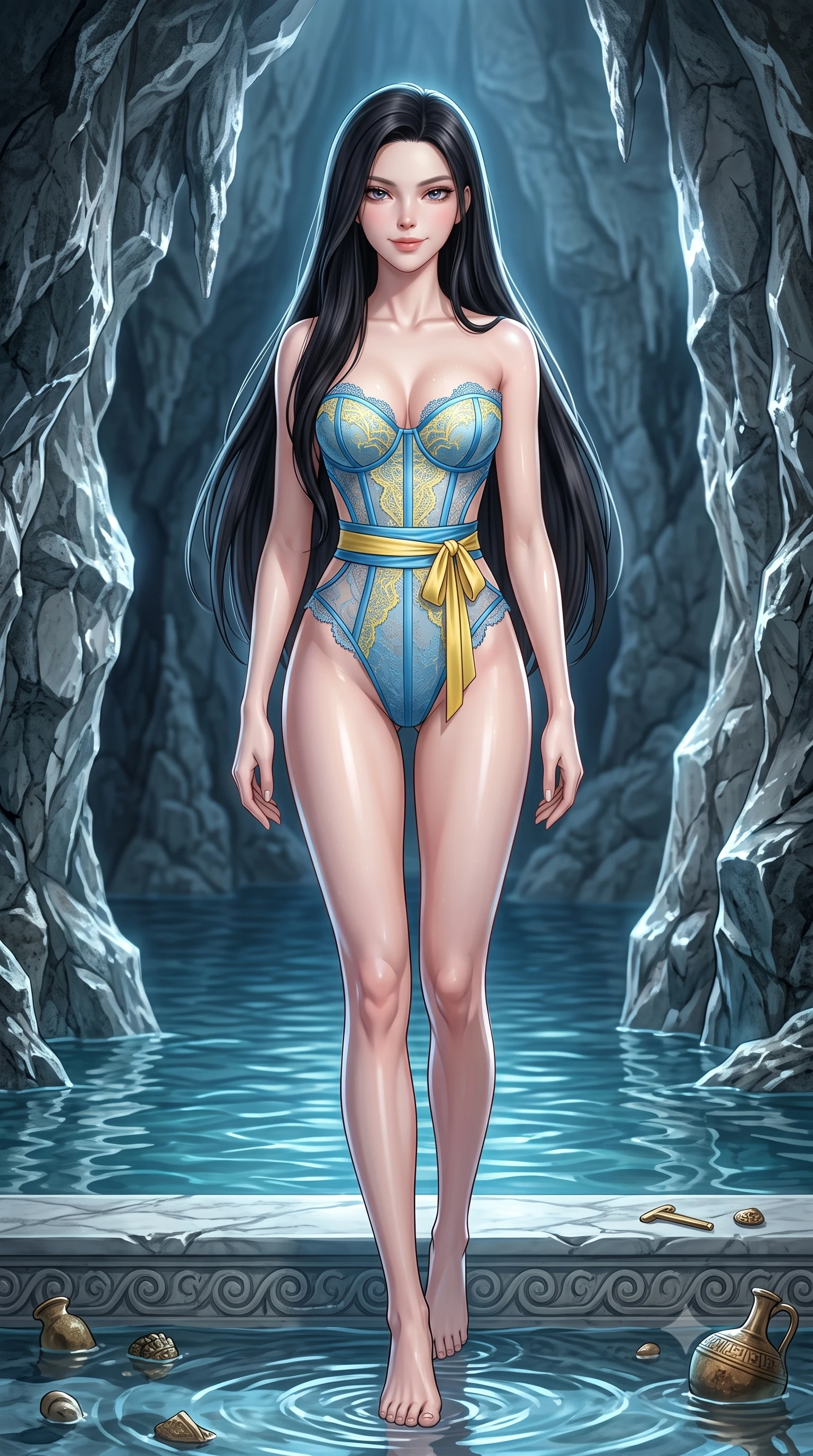 score_9, masterpiece, best quality, ultra-detailed, high-budget anime keyframe, semi-realistic 3D game render, editorial fashion photography, tasteful artistic composition, Korean woman. low angle full-body shot from head to toe showing her feet, filling the entire 9:16 vertical frame with her statuesque presence, stretching her vertical silhouette. stepping slowly toward the camera with hypnotic grace, hips swaying in an alluring sensual rhythm that accentuates her curvy hourglass silhouette and long slender legs while lounging in the shallow cave pool propped on one hand, her wet-look silhouette radiating mystical Mediterranean enchantment. The surrounding environment is rendered in vivid detail and crisp panoramic clarity: sharp limestone cave wall textures, water ripple meniscus clarity, and carved marble platform edge in deep focus. She has an absolutely perfect, statuesque 8.5-heads proportion, an exceptionally tall and slender model-like female figure with impossibly long slender legs, an ultra-slim waist, a flat toned midriff, narrow delicate ribcage, and beautifully sculpted feminine hips creating a graceful, slim hourglass silhouette without any bulky heaviness. sharp v-shaped jawline, high-bridge nose, sparkling eyes with hypnotic seductive depth, thick curled eyelashes, glossy parted lips with a natural dewy peach sheen, alluring bedroom-eyes with an enchanting coquettish smile, exuding magnetic siren charisma and sophisticated glamour, flawlessly proportioned anatomical accuracy, strict slender model proportions, natural body alignment, perfectly sculpted long slender limbs, ultra-slim waistline, clean dynamic posture without body distortion. wearing a structured boned satin corset bodice with obi-inspired wrap ribbon cinching her ultra-slim waistline in Amalfi azure blue and sunlit lemon gold, made of delicate semi-sheer French Chantilly lace with intricate eyelash edges, finished with scalloped eyelash lace trim framing her sweetheart neckline with intimate elegance, the precision-cut side openings and low-back scoop framing her graceful spine and the sensual sweep of her slim, toned hips. illuminated by subterranean water reflection bounce and sharp icy-platinum rim lights defining her delicate clavicles, narrow waist, and curvy hips. highly saturated vibrant anime colors, detailed shading with soft gradients, rich glossy textures, high-contrast stereoscopic depth, volumetric dynamic lighting, master piece, 9:16 ratio