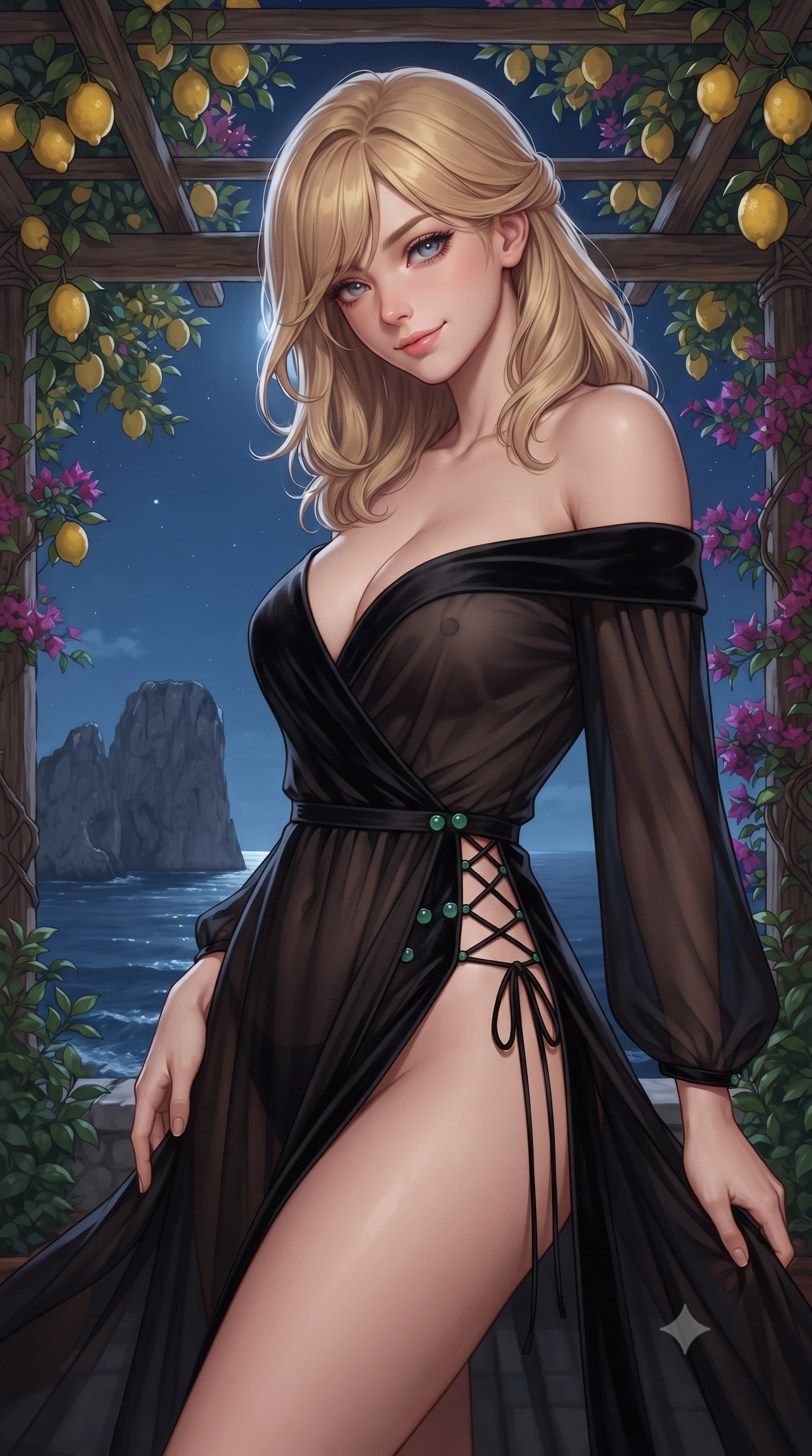 score_9, masterpiece, best quality, ultra-detailed, high-budget anime keyframe, editorial fashion photography, tasteful artistic composition, Caucasian woman. close-up cowboy shot from the waist and thighs up, the character dominates the composition, filling the frame with her large presence. tilting her head with a teasing half-smile, running one hand slowly down the side of her hip in a flirtatious S-curve as ambient light caresses her silhouette while standing poised beneath the rustic wooden pergola heavy with ripe yellow lemons and climbing bougainvillea, arching her spine with sovereign siren poise as the colossal Faraglioni sea stacks rise from moonlit waves. The background shows a soft-focus lemon foliage and magenta bougainvillea softened in legendary Capri nocturnal romance shallow focus. She has an exceptionally elegant, slender, and willowy female figure with an ultra-slim waist, flat toned midriff, narrow ribcage, and sculpted feminine hips creating an alluring, slim hourglass silhouette without bulk. sharp v-shaped jawline, high-bridge nose, intricate jewel-like sparkling eyes with depth, thick eyelashes, glossy parted lips with a natural peach sheen, bright cheerful beaming smile with an enchanting and coquettish sensual glint, exuding both youthful cute charm and seductive allure, flawlessly proportioned anatomical accuracy, strict slender model proportions, natural body alignment, perfectly sculpted long slender limbs, ultra-slim waistline, clean dynamic posture without body distortion. wearing an alluring semi-sheer silk chiffon boudoir peignoir slipping off bare shoulders with delicate jade button accents in Shanghai noir black and imperial 24k gold, tailored from ultra-plush silk velvet with rich tactile depth and deep shadow gradients, featuring fine criss-cross lace-up side ties revealing tantalizing glimpses of her hip curve, the high-slit wrap tailoring accentuating her ultra-slim waistline and the enchanting curve of her feminine hips with alluring seductive charm. illuminated by sea reflection bounce and sharp silver-gold rim lights sculpting her jawline, narrow waist, and curvy hips. ultra-reflective glossy finish, specular highlights, rich textural contrasts, high-contrast stereoscopic depth, volumetric dynamic lighting, 2k, ultra detail, master piece, 9:16 ratio