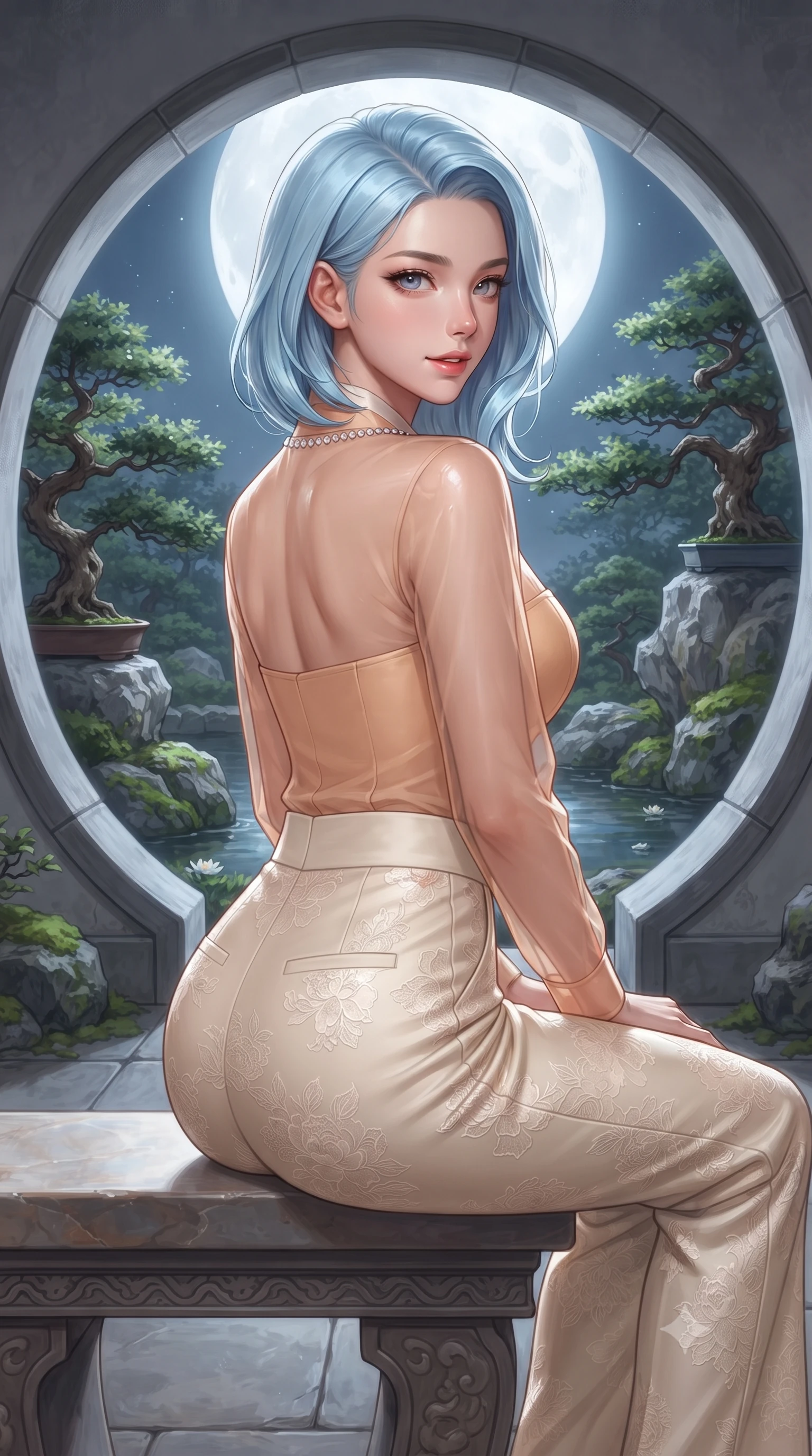 score_9, masterpiece, best quality, ultra-detailed, high-budget anime keyframe, editorial fashion photography, tasteful artistic composition, Korean woman. close-up cowboy shot from the waist and thighs up, the character dominates the composition, filling the frame with her large presence. posing in an alluring rear three-quarter angle, turning over a bare shoulder with an intoxicating gaze, her hips cocked back to highlight her slim hourglass curve while sitting gracefully in the center of a large circular moon-gate stone opening, arching her lower back in an iconic silhouette against the garden. The surrounding environment is rendered in vivid detail and crisp panoramic clarity: detailed raw silk fabric sheen, moonlight specular highlights on skin, and classical Zen temple architecture in razor-sharp precision. She has an exceptionally elegant, slender, and willowy female figure with an ultra-slim waist, flat toned midriff, narrow ribcage, and sculpted feminine hips creating an alluring, slim hourglass silhouette without bulk. sharp v-shaped jawline, high-bridge nose, intricate jewel-like dark sparkling almond eyes with depth, thick lashes, glossy parted lips with a natural rose-plum sheen, bright alluring and coquettish smile with bedroom-eyes, exuding both timeless oriental elegance and sovereign high-fashion allure, flawlessly proportioned anatomical accuracy, strict slender model proportions, natural body alignment, perfectly sculpted long slender limbs, ultra-slim waistline, clean dynamic posture without body distortion. wearing a sheer technical mesh and silk hanbok blouse worn over a sculpted sweetheart bustier with high-waisted tailored silk trousers in warm peach apricot and soft vanilla silk, woven from delicate semi-opaque floral lace with oriental peony patterns, finished with subtle crystal rhinestones tracing the elegant neckline, the form-contouring cut accentuating her sculpted flat midriff, narrow delicate ribcage, and gracefully curvy hips with regal oriental supermodel elegance. bathed in pristine silver moonlight pouring through the circular moon-gate aperture. ultra-reflective glossy finish, specular highlights, rich textural contrasts, high-contrast stereoscopic depth, volumetric dynamic lighting, 2k, ultra detail, master piece, 9:16 ratio