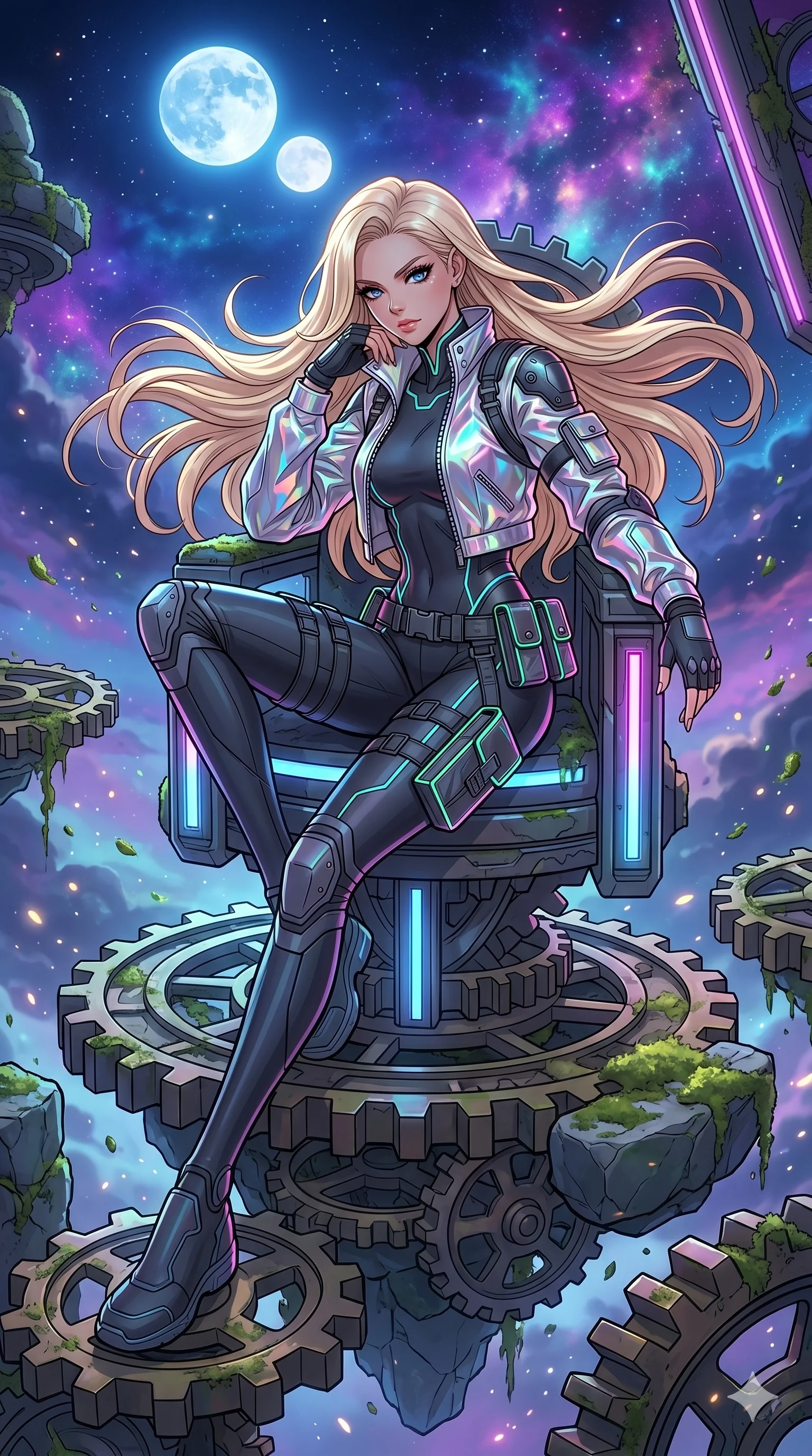 score_9, masterpiece, best quality, ultra-detailed, high-budget anime movie keyframe, cinematic anime lighting, intricate line art, Japanese woman. Dynamic full-body shot stretching the vertical silhouette across the 9:16 frame. resting on a throne of gears in a floating zen garden under a twin-moon sky. She has an absolutely perfect 8-heads proportion, an exceptionally tall and slender female figure with an ultra-slim waist and impossibly long slender legs. sharp v-shaped jawline, high-bridge nose, intricate jewel-like eyes, thick eyelashes, glossy lips. Wearing modern urban tech-wear ensemble with a cropped reflective bomber jacket, ultra-slim high-waisted cargo leggings, and tactical harness with neon-lit pouches. The scene is illuminated by dramatic atmospheric lighting and vibrant color palettes. , 2k, ultra detail, master piece, 9:16 ratio